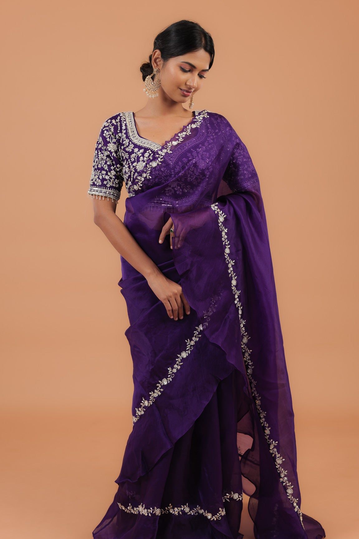 Dark Purple Organza Ruffle Saree - Mokshaa