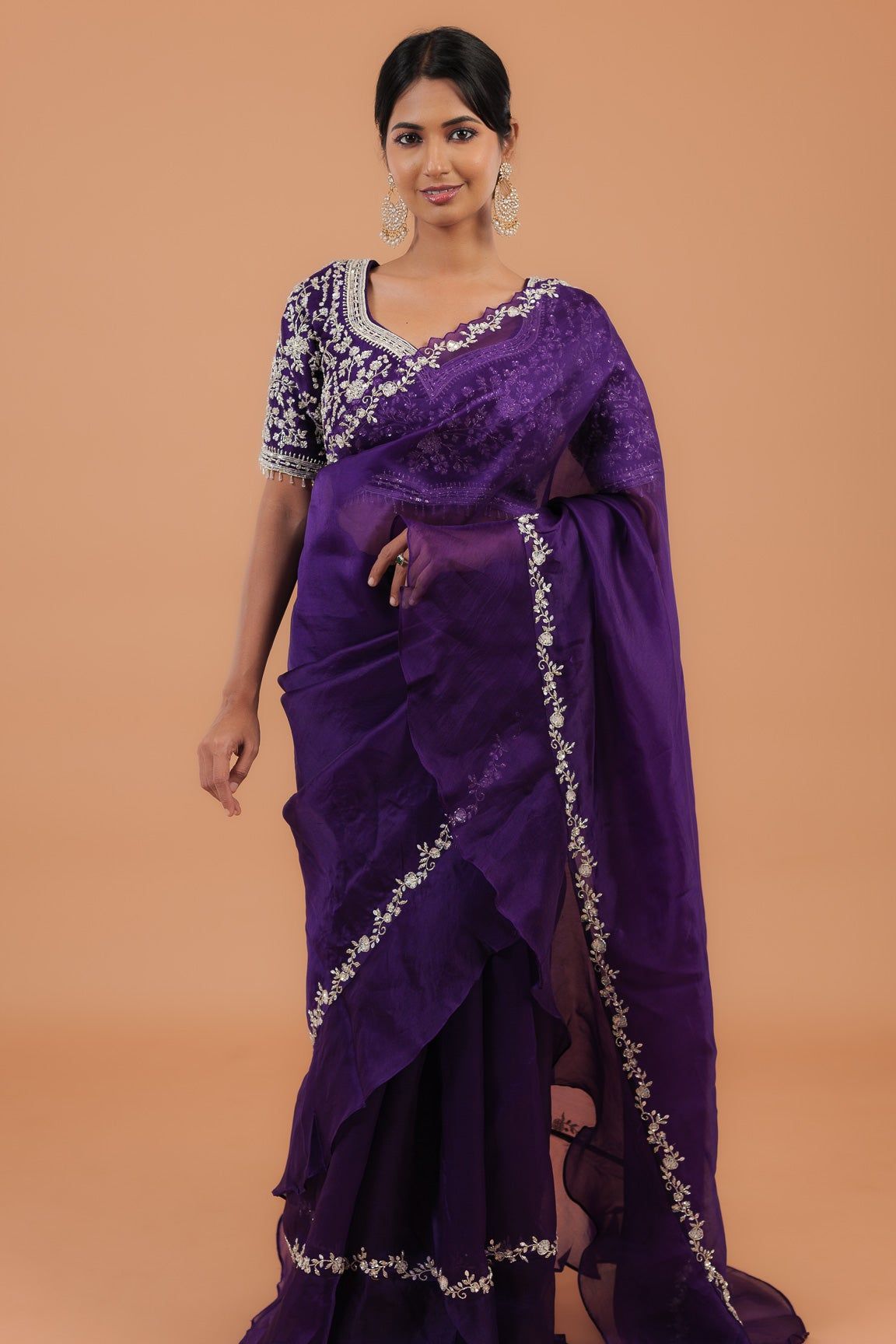 Dark Purple Organza Ruffle Saree - Mokshaa