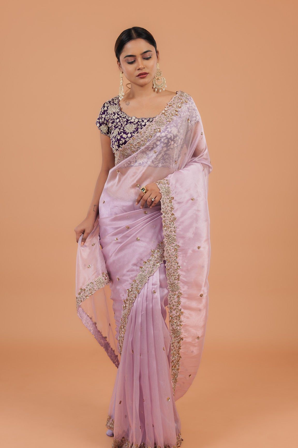 Light Lavender Organza Tissue Saree - Mokshaa