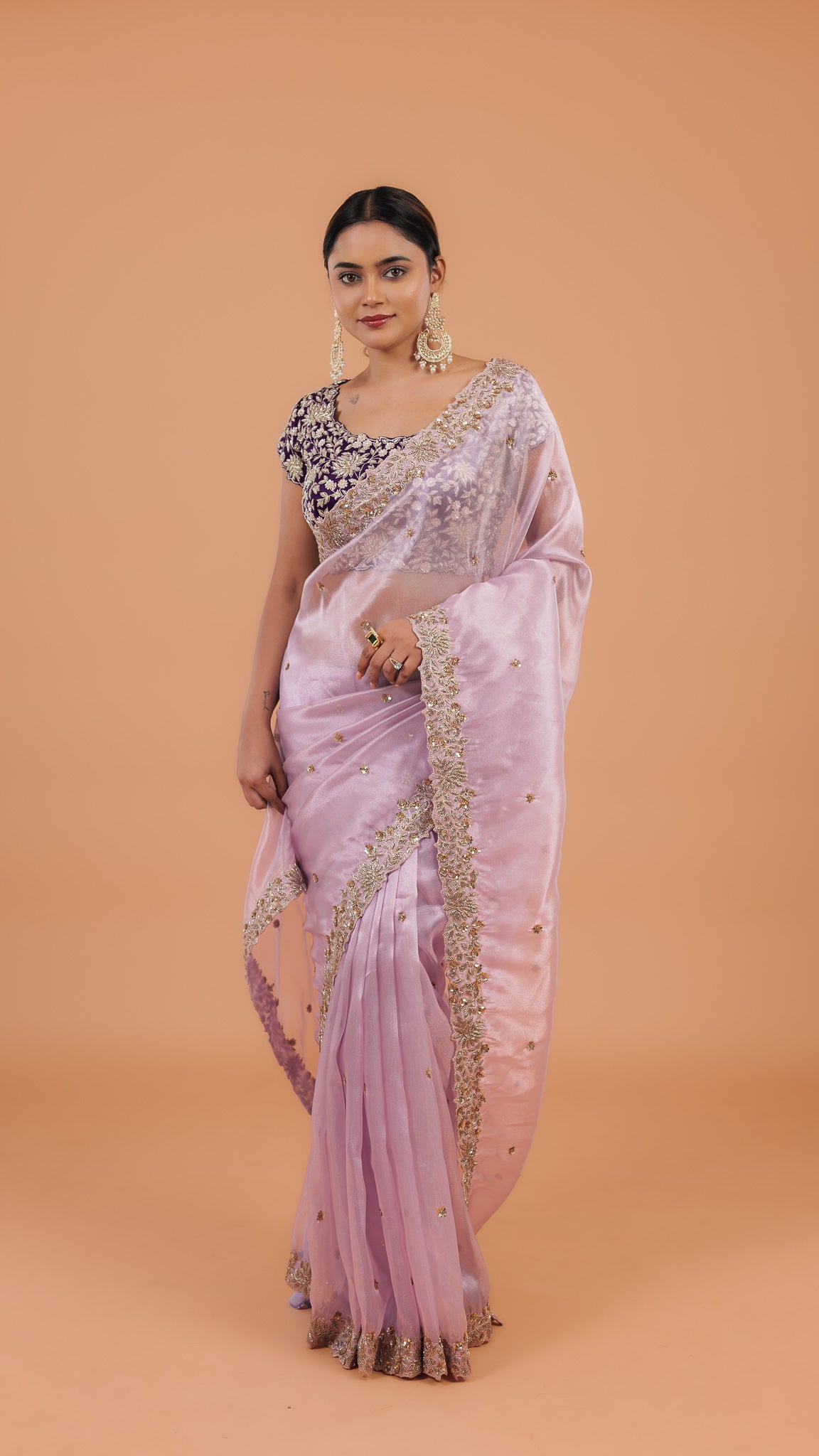 Light Lavender Organza Tissue Saree - Mokshaa