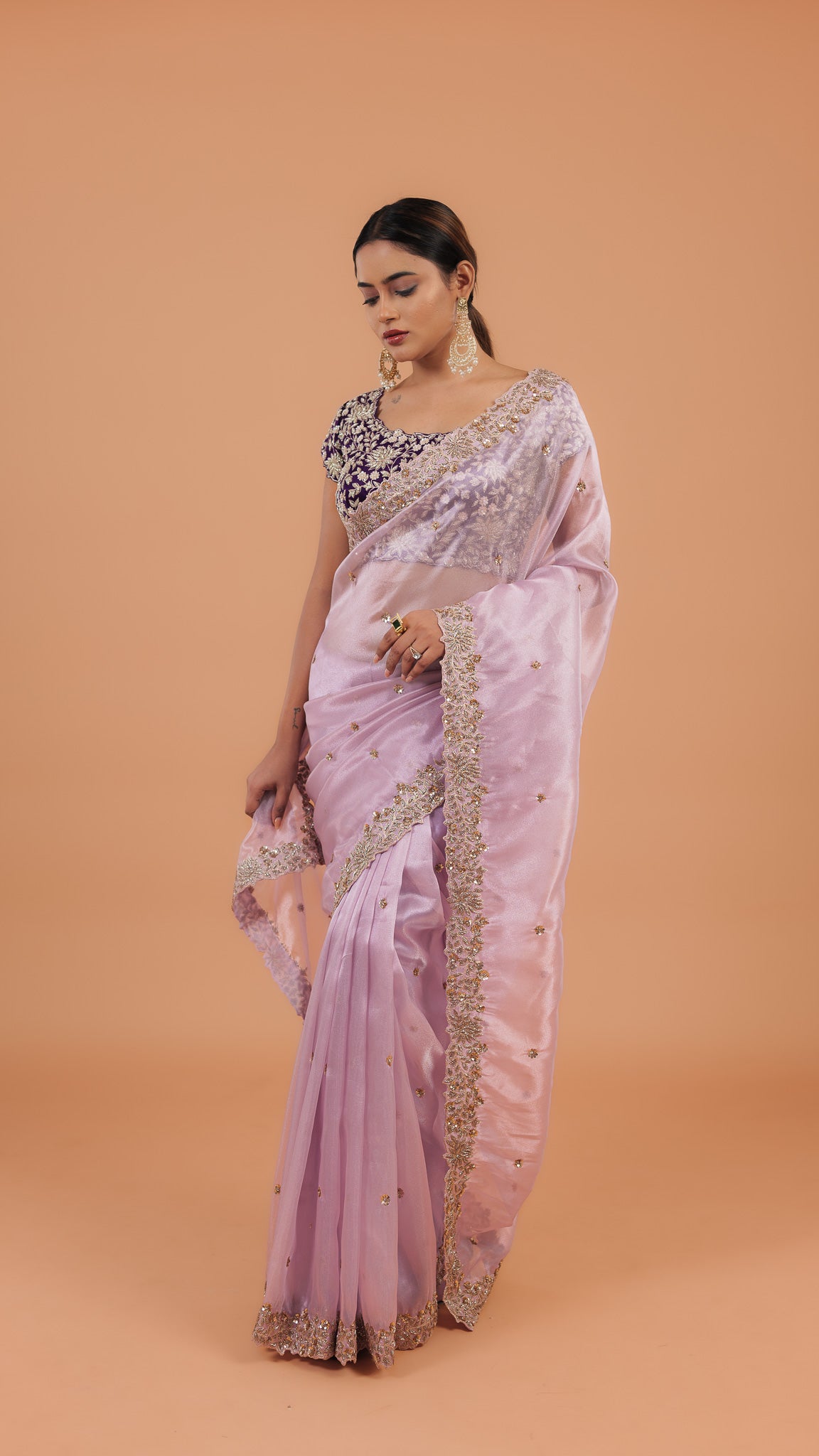 Light Lavender Organza Tissue Saree - Mokshaa