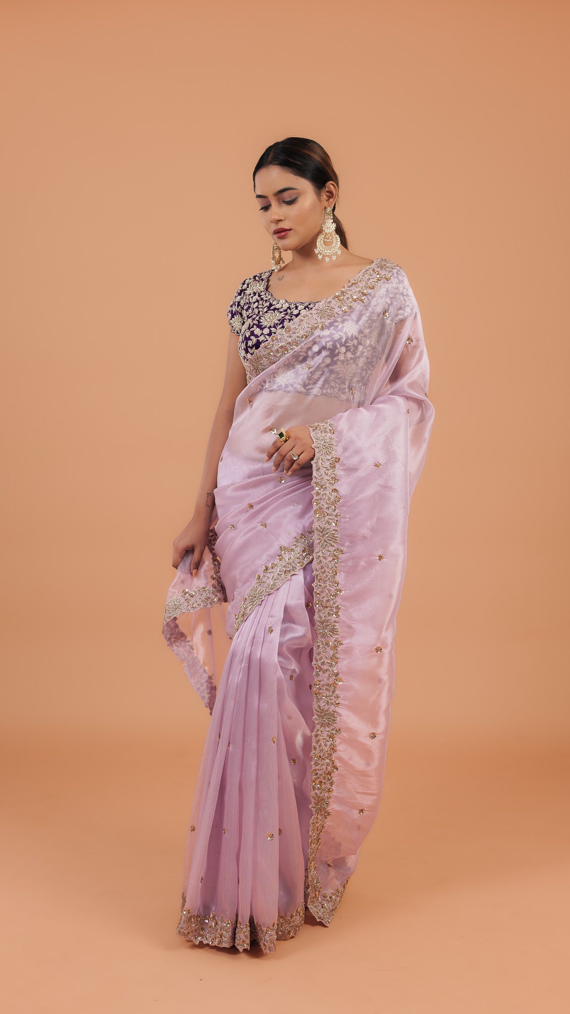 Light Lavender Organza Tissue Saree - Mokshaa