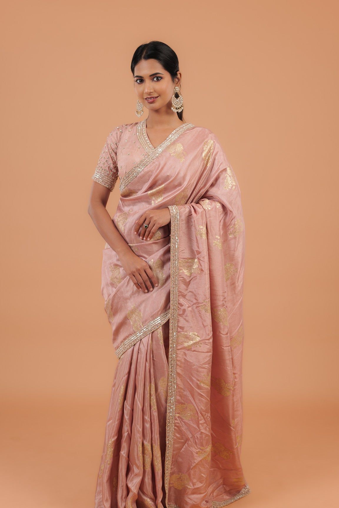 Peach Handloom Georgette Saree - Mokshaa