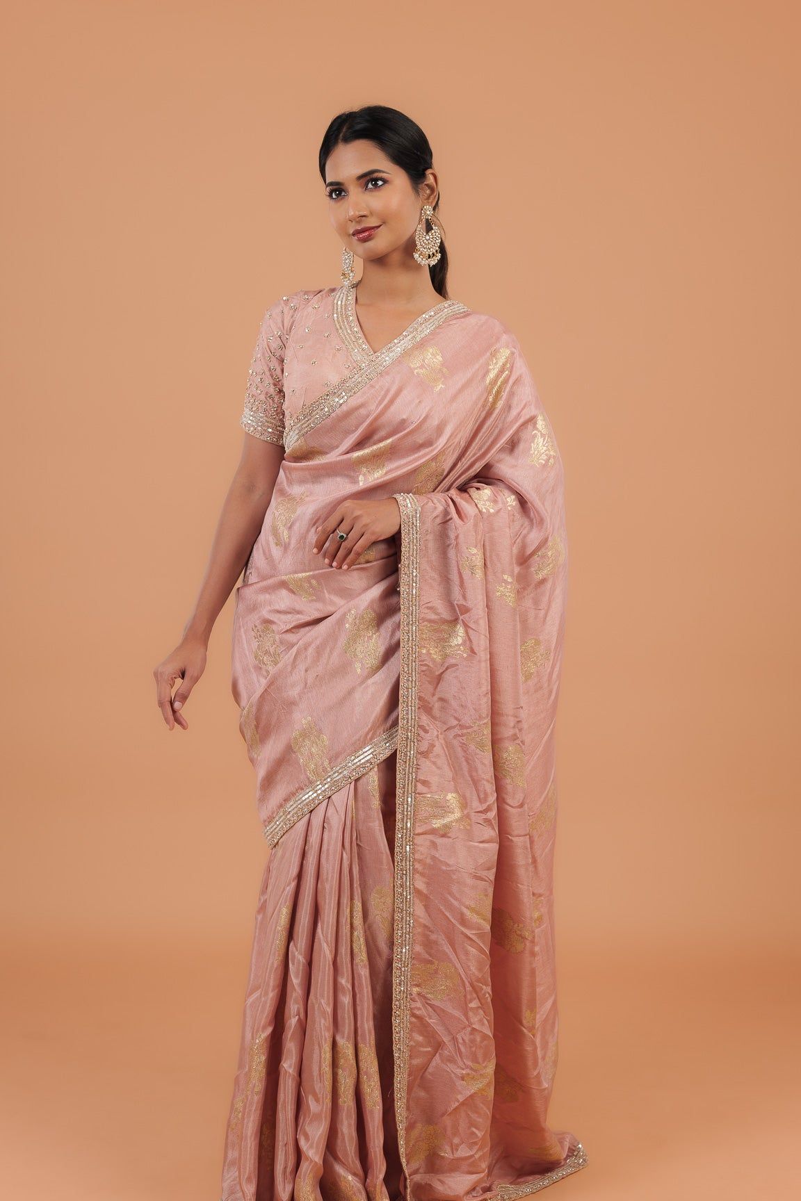 Peach Handloom Georgette Saree - Mokshaa