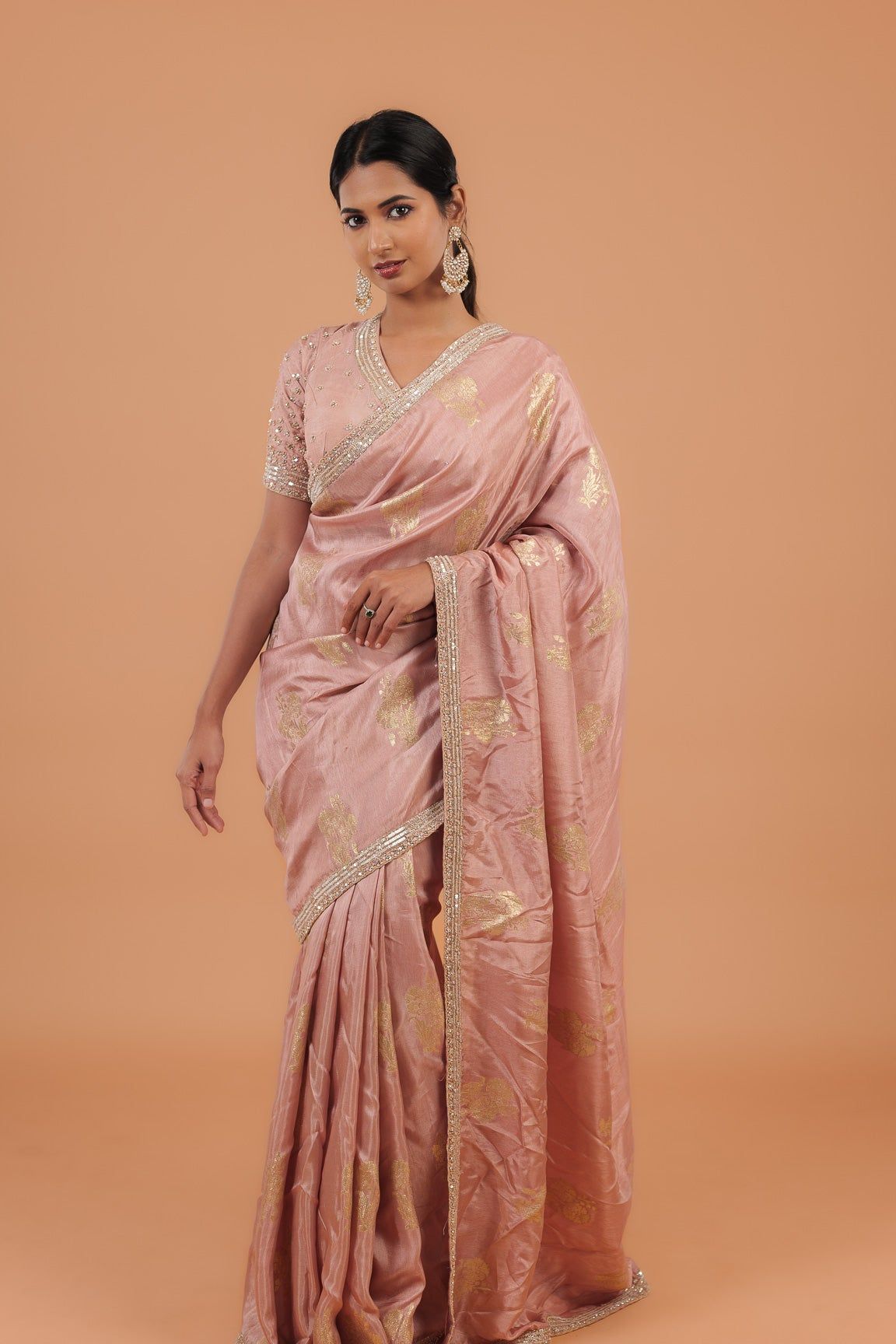 Peach Handloom Georgette Saree - Mokshaa