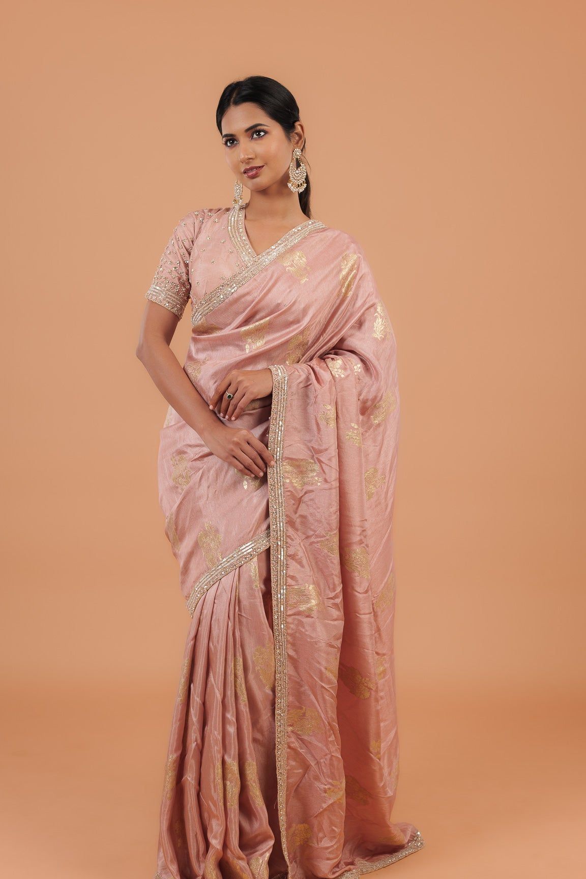 Peach Handloom Georgette Saree - Mokshaa