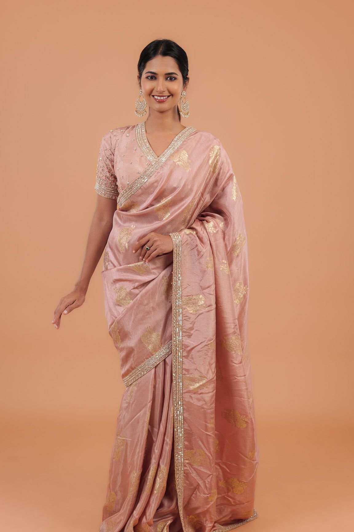 Peach Handloom Georgette Saree - Mokshaa