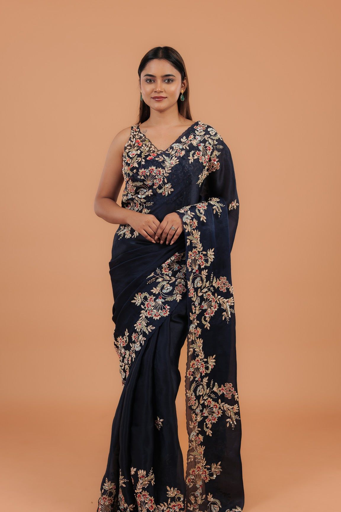 Navy Blue Organza Saree - Mokshaa