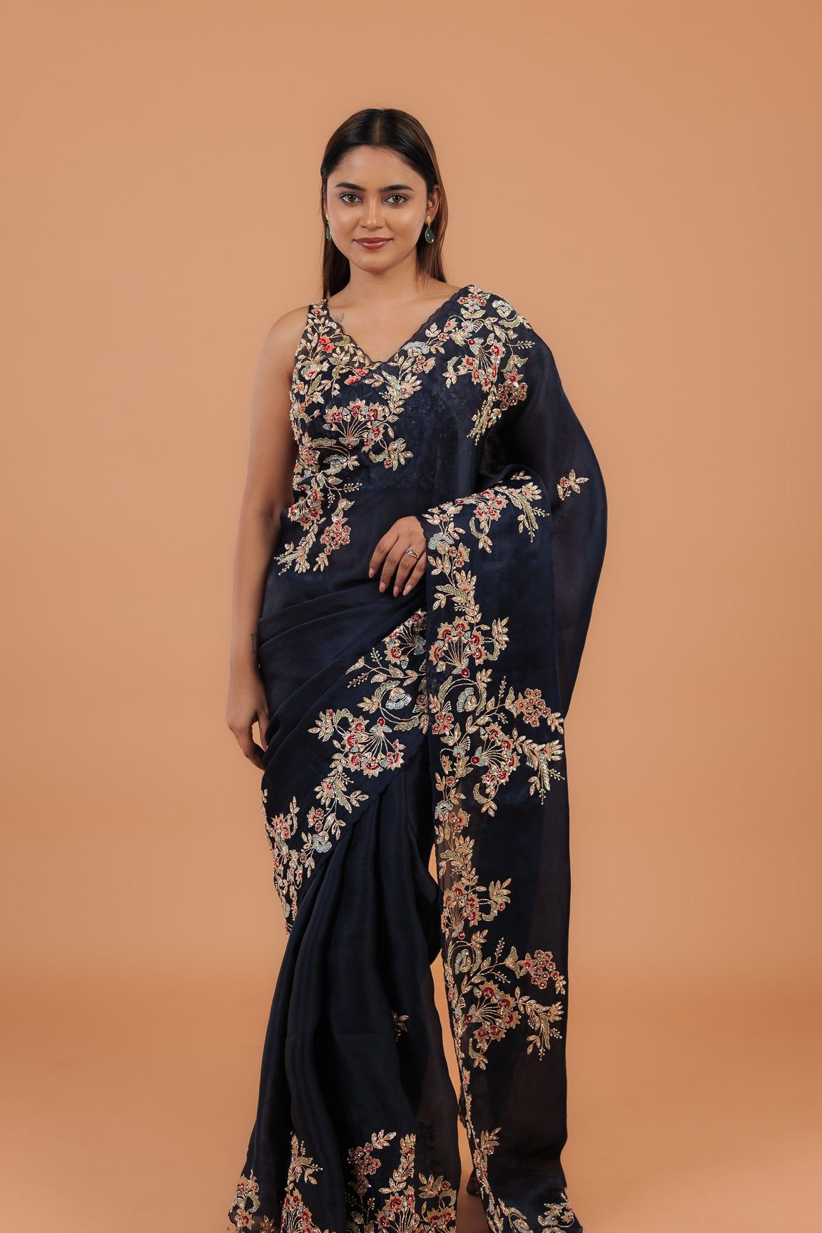 Navy Blue Organza Saree - Mokshaa