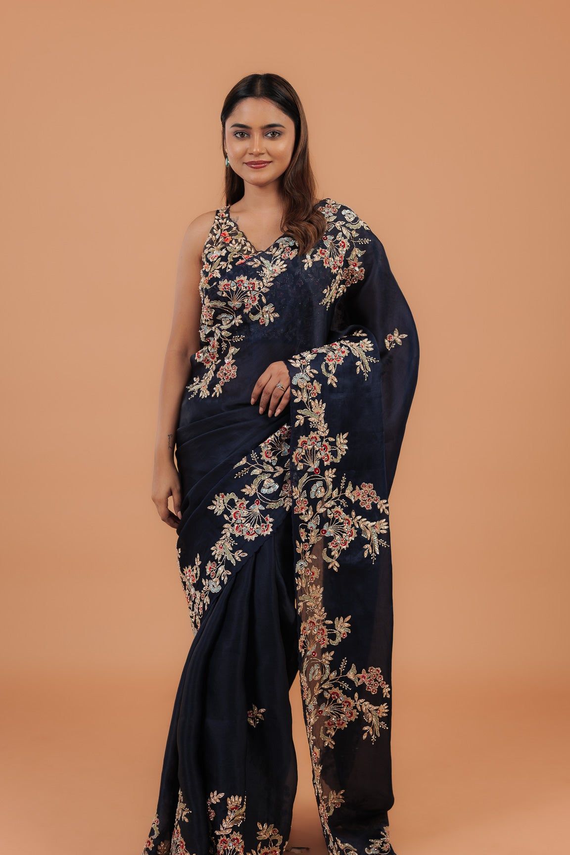 Navy Blue Organza Saree - Mokshaa