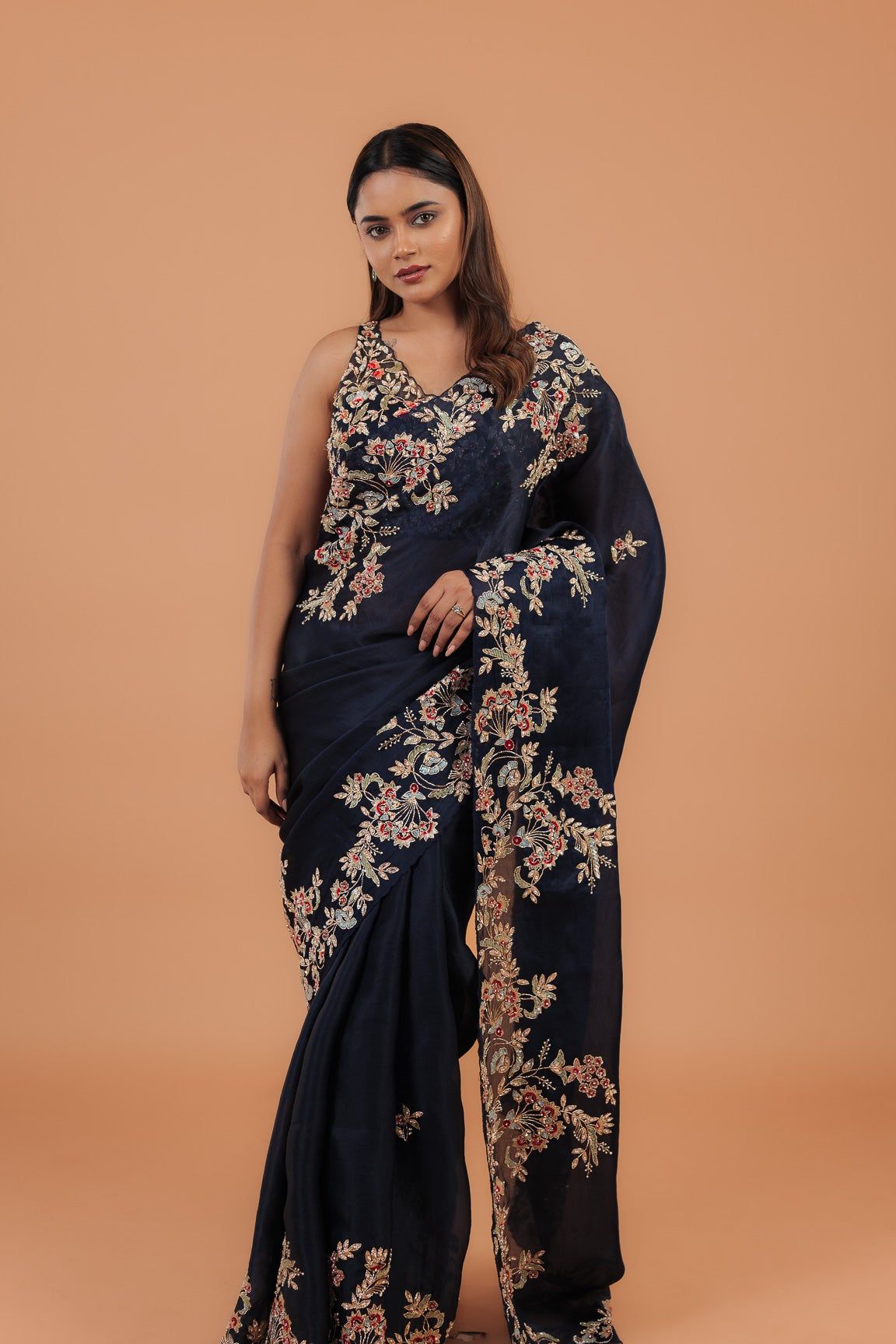 Navy Blue Organza Saree - Mokshaa