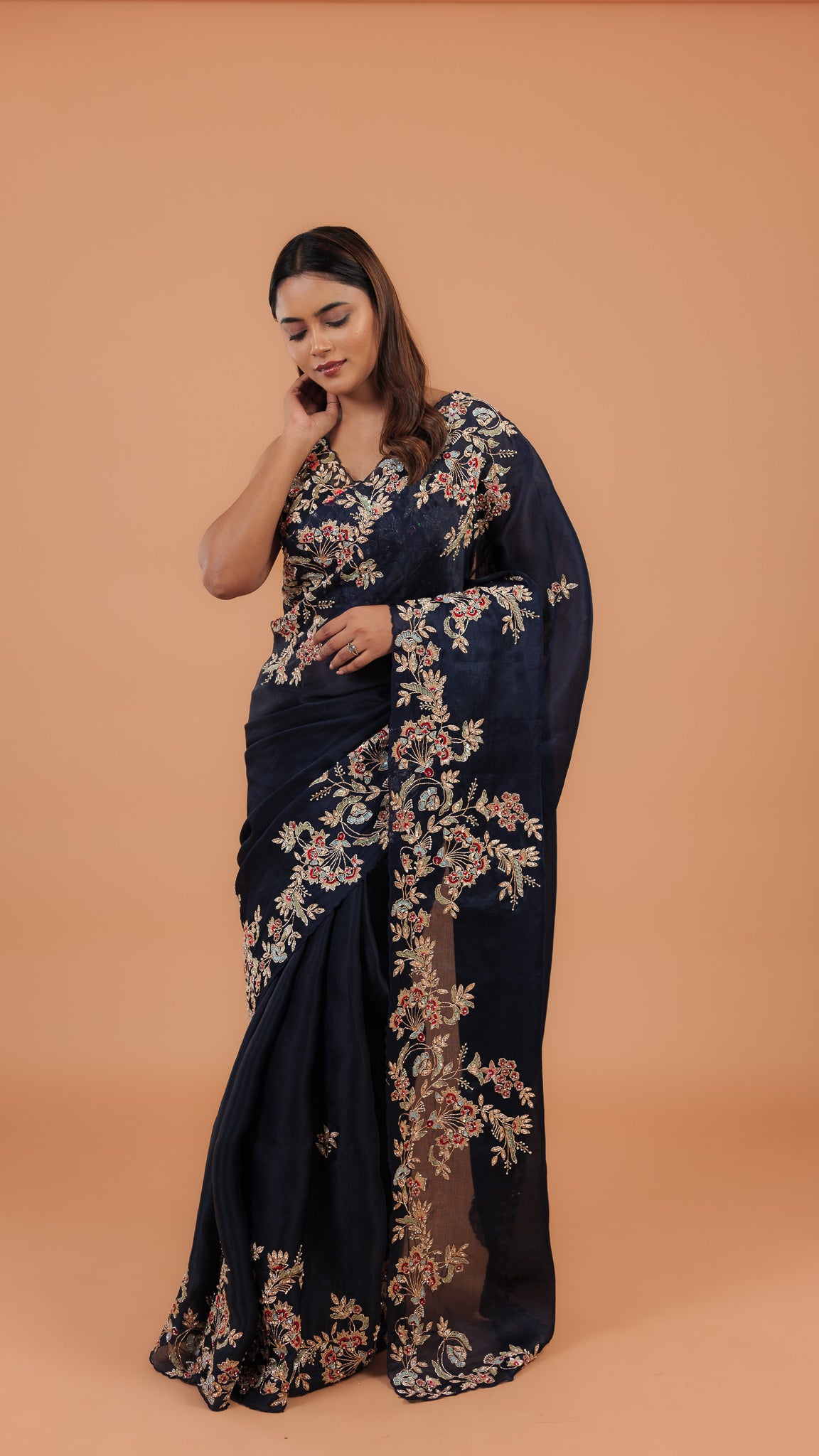 Navy Blue Organza Saree - Mokshaa