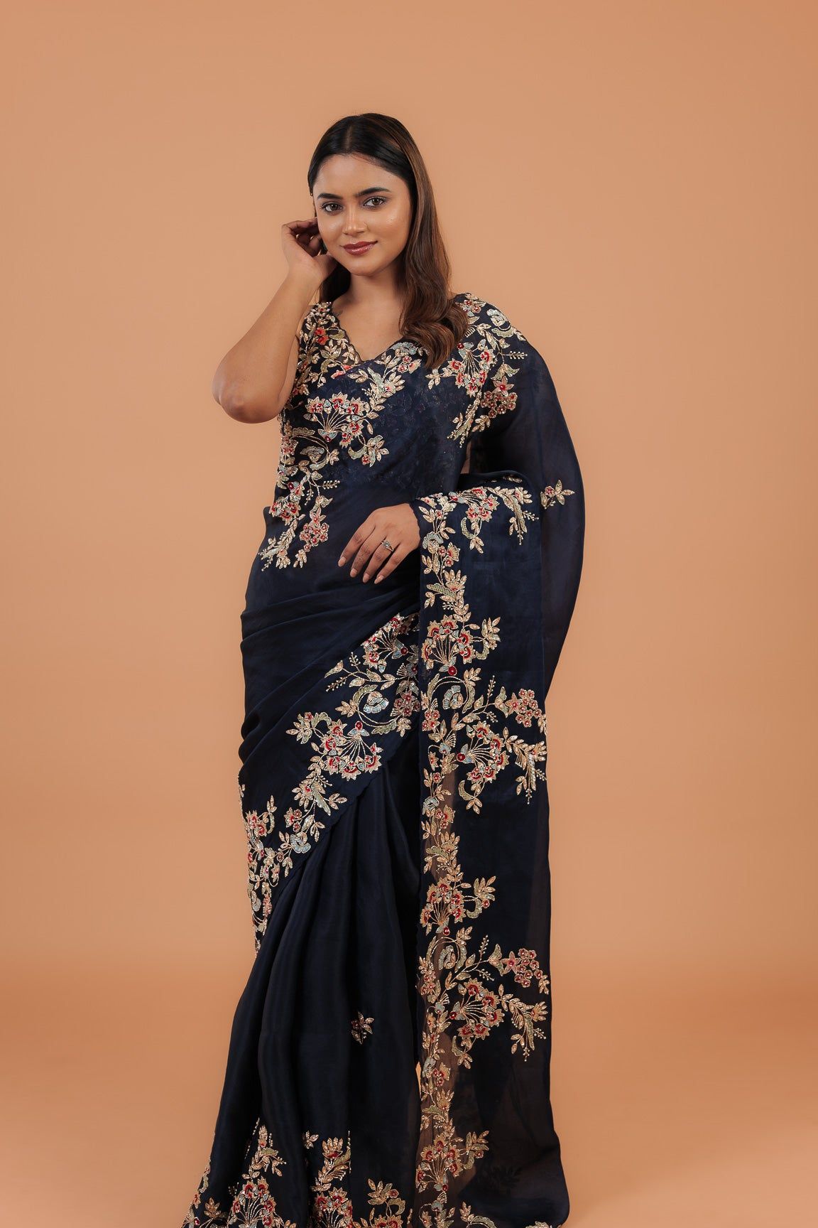 Navy Blue Organza Saree - Mokshaa