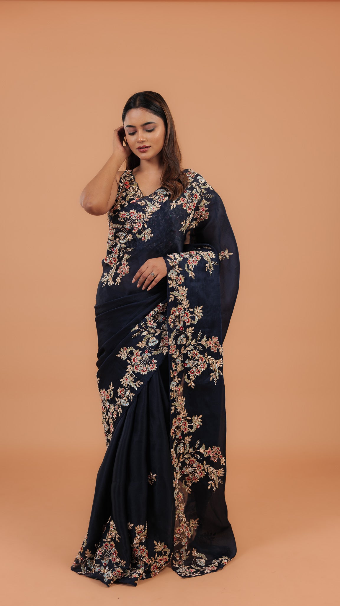 Navy Blue Organza Saree - Mokshaa