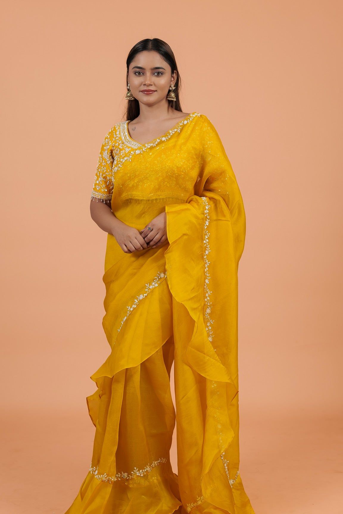 Yellow Ruffle  Saree - Mokshaa