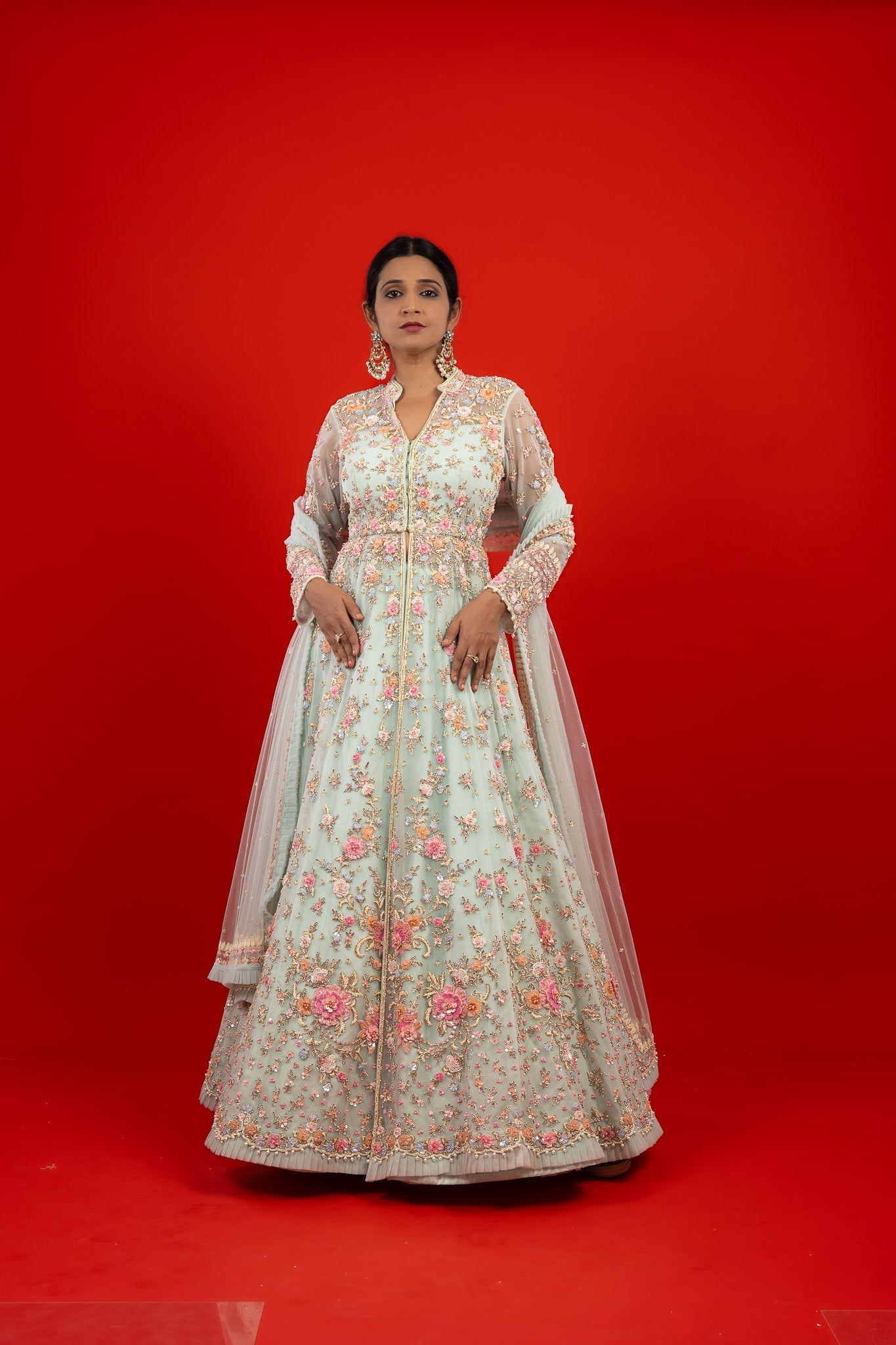 Light Blue Net Jacket Lehenga with Pearl and Sequin Embroidery  Mokshaa
