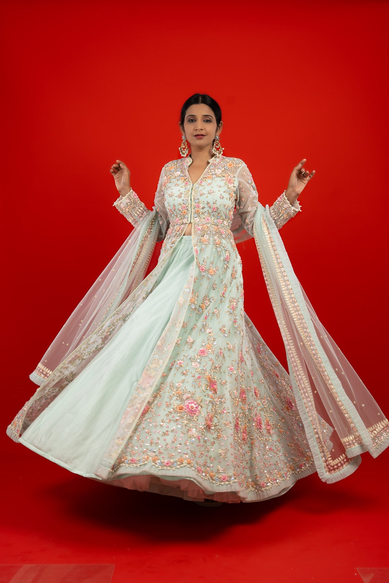 Light Blue Net Jacket Lehenga with Pearl and Sequin Embroidery  Mokshaa
