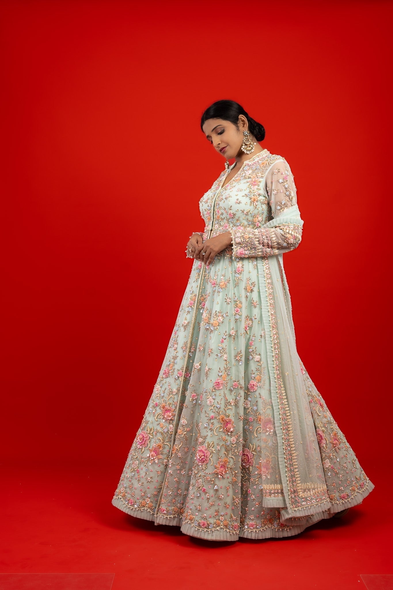 Light Blue Net Jacket Lehenga with Pearl and Sequin Embroidery  Mokshaa