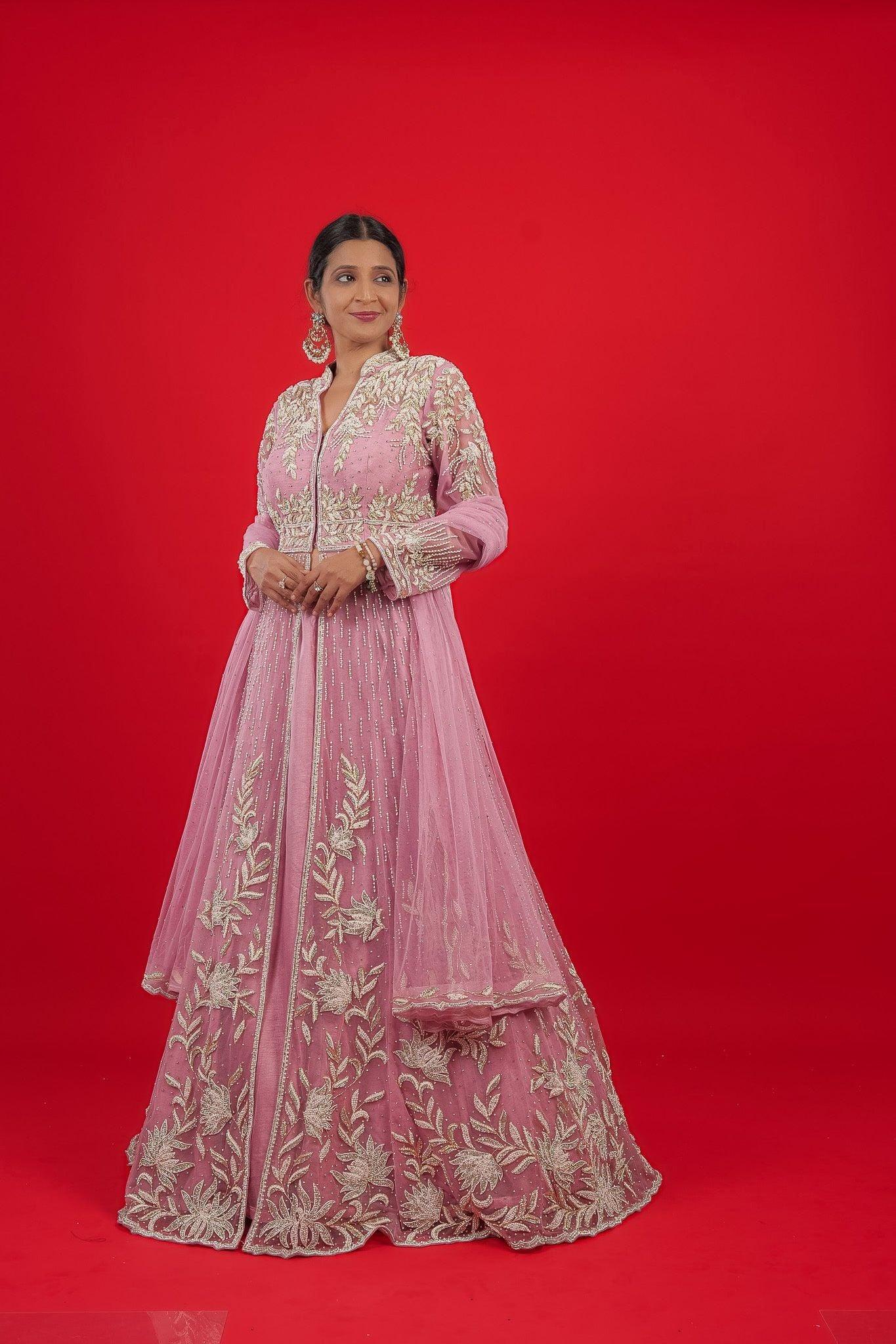 Rose Net Jacket Lehenga with Stone, Pearl & Zardozi Embroidery - Mokshaa