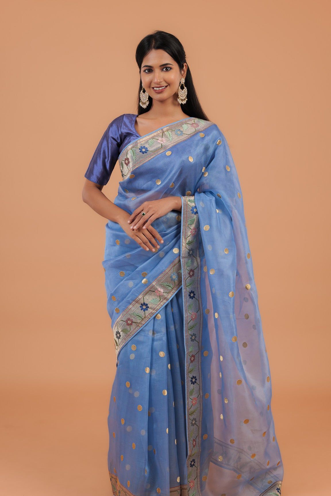 Powder Blue Organza Saree (Stitched Blouse) - Mokshaa