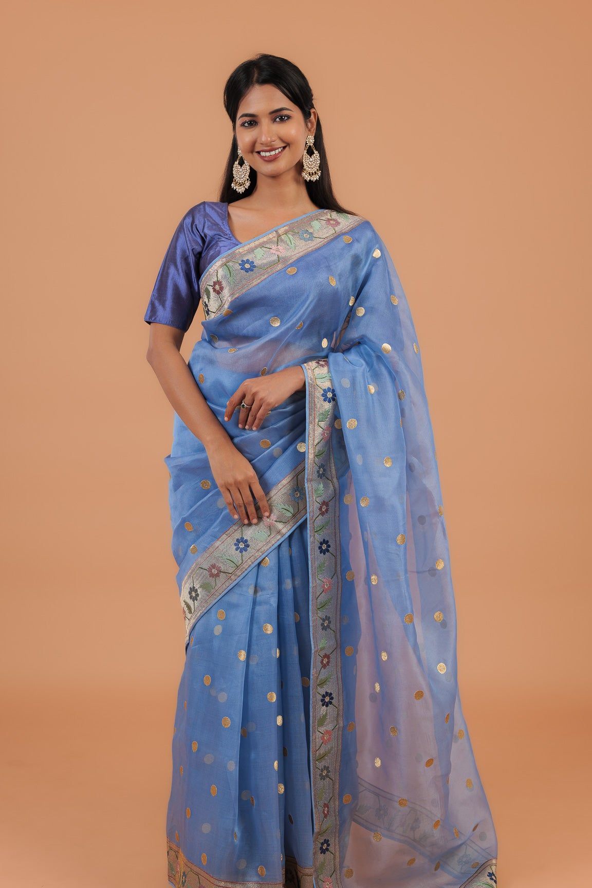 Powder Blue Organza Saree (Stitched Blouse) - Mokshaa