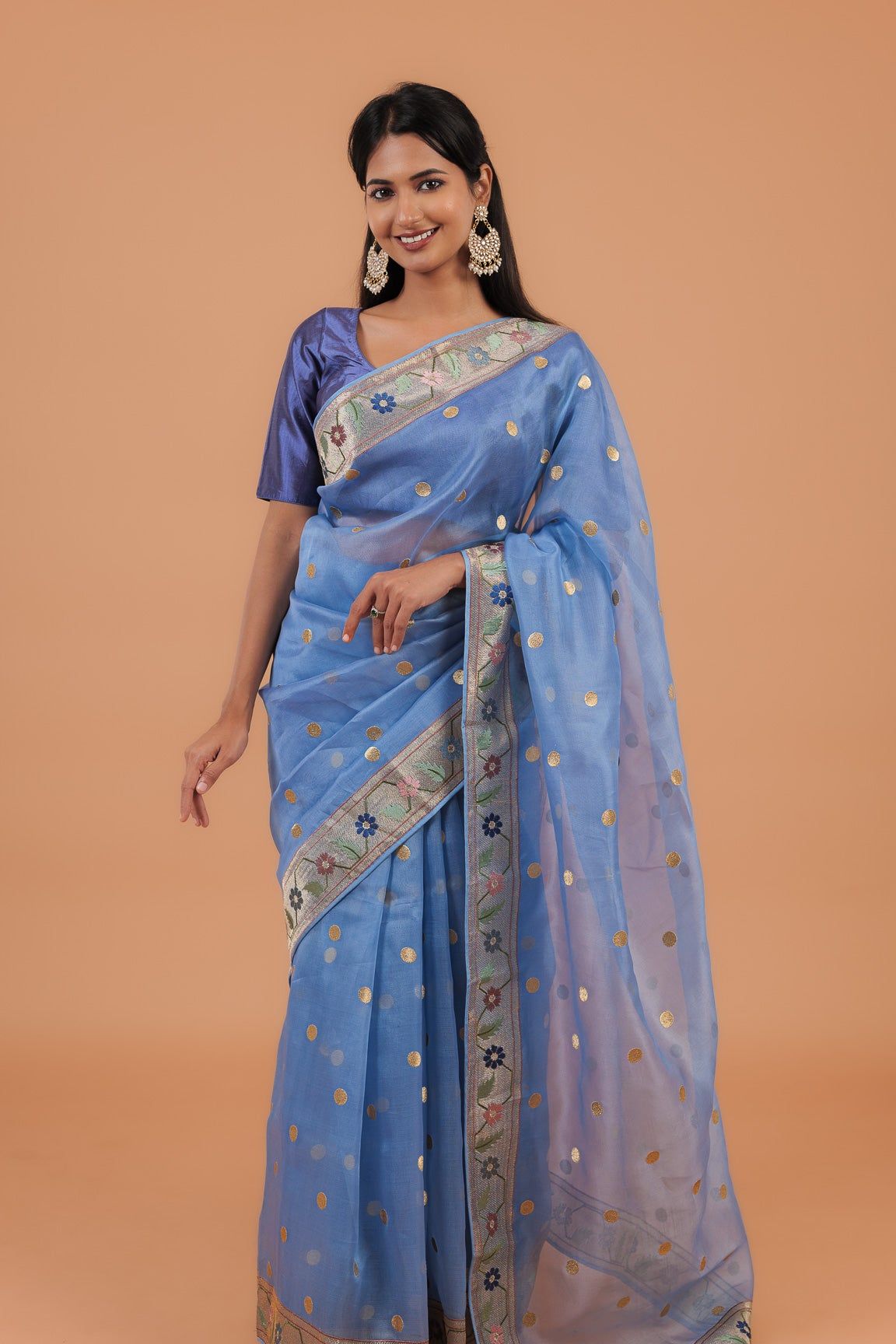 Powder Blue Organza Saree (Stitched Blouse) - Mokshaa