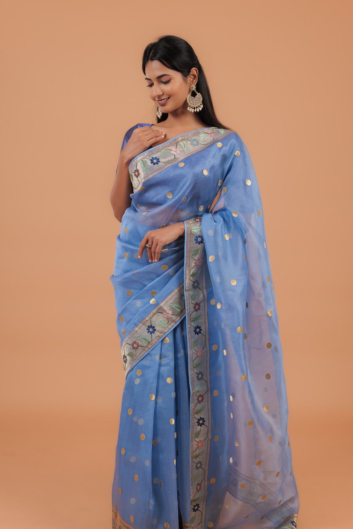 Powder Blue Organza Saree (Stitched Blouse) - Mokshaa