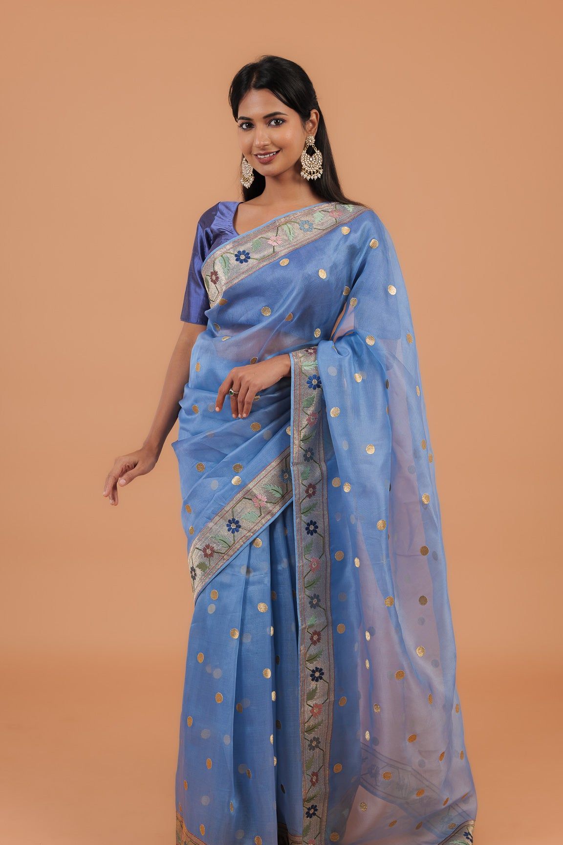 Powder Blue Organza Saree (Stitched Blouse) - Mokshaa