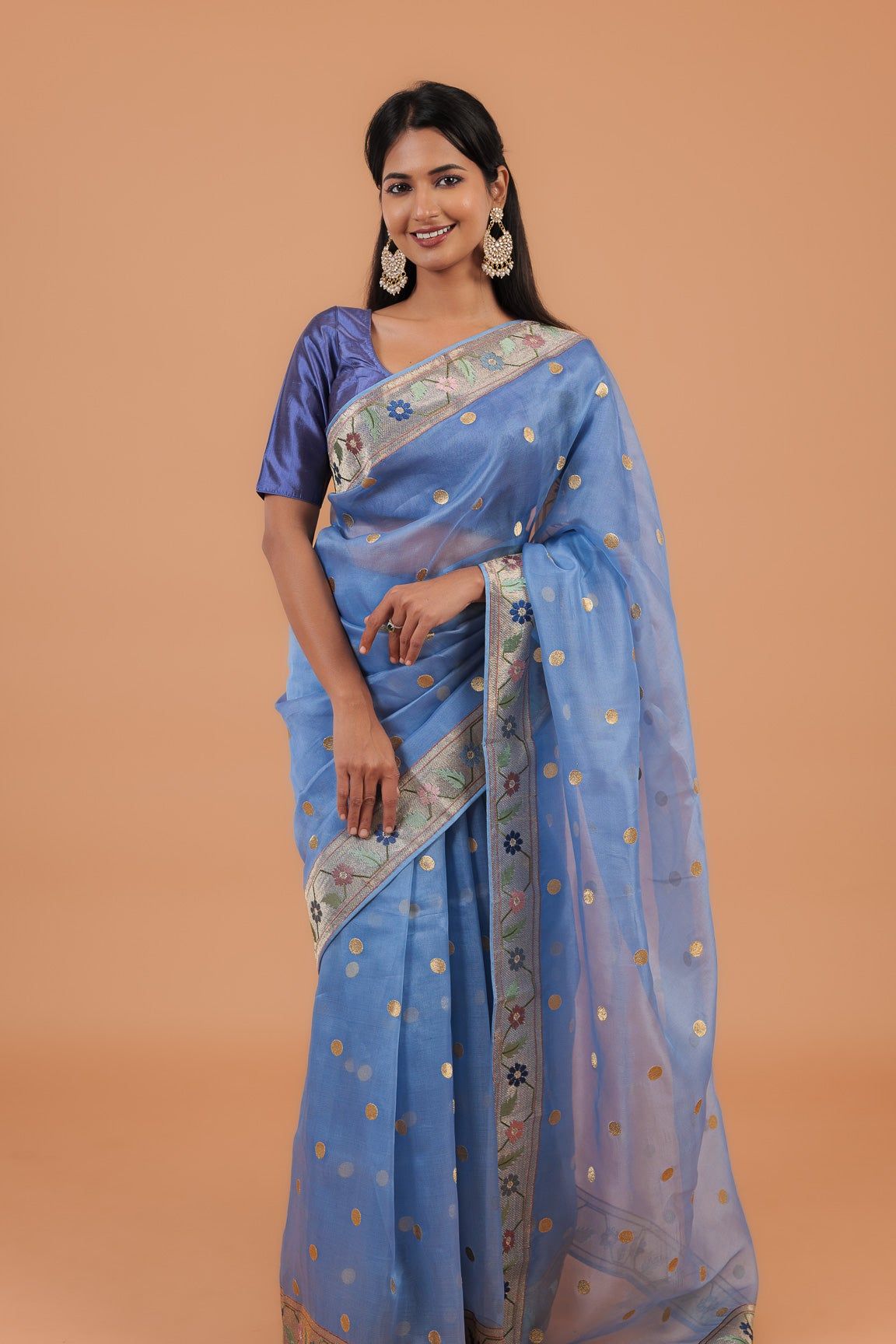 Powder Blue Organza Saree (Stitched Blouse) - Mokshaa