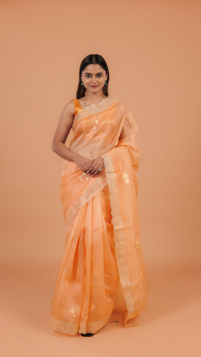 Light Orange Organza Saree - Mokshaa