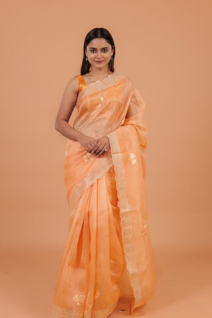 Light Orange Organza Saree - Mokshaa