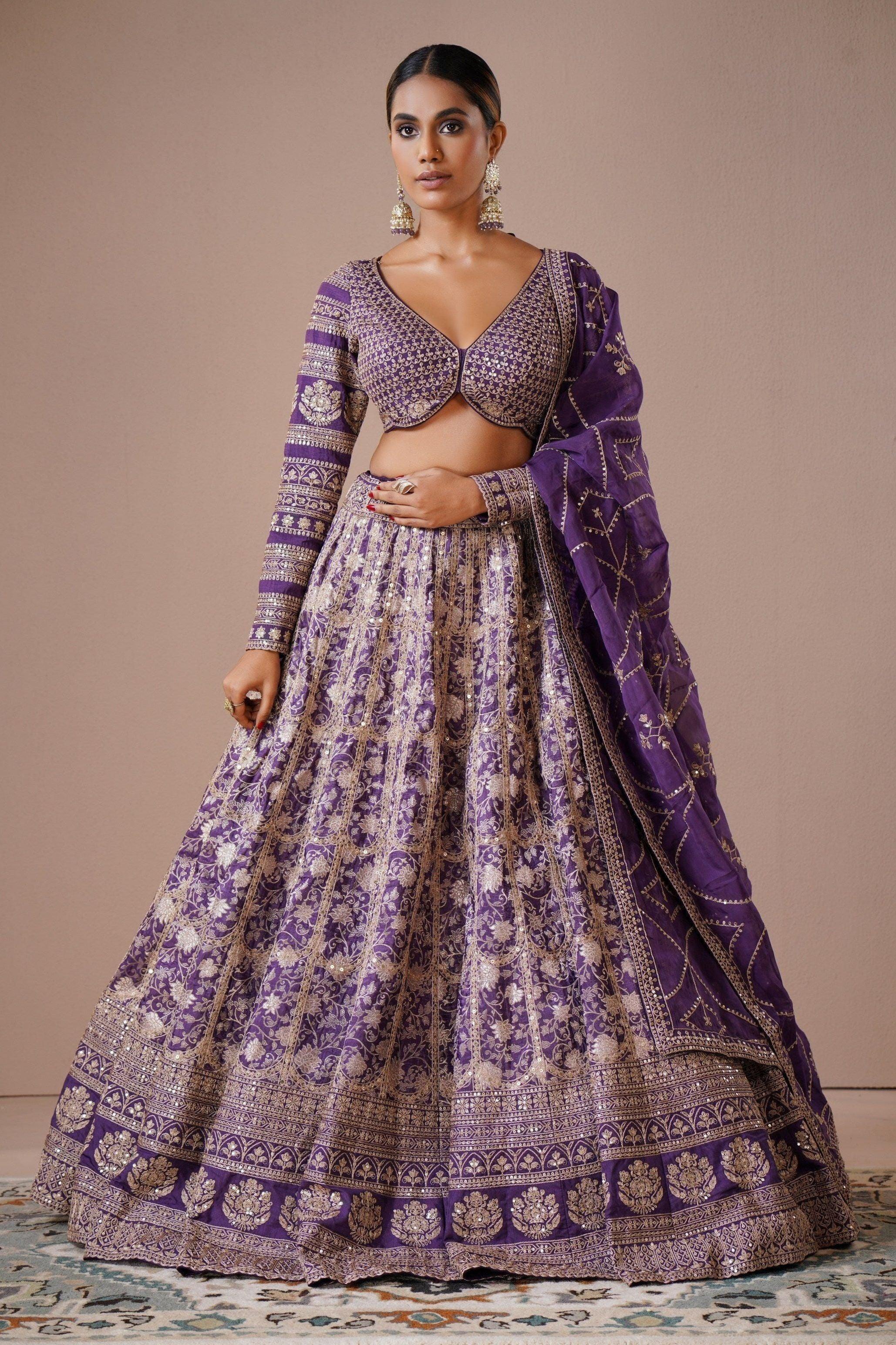 Purple Silk Lehenga with Zari and Sequin Embroidery  Mokshaa