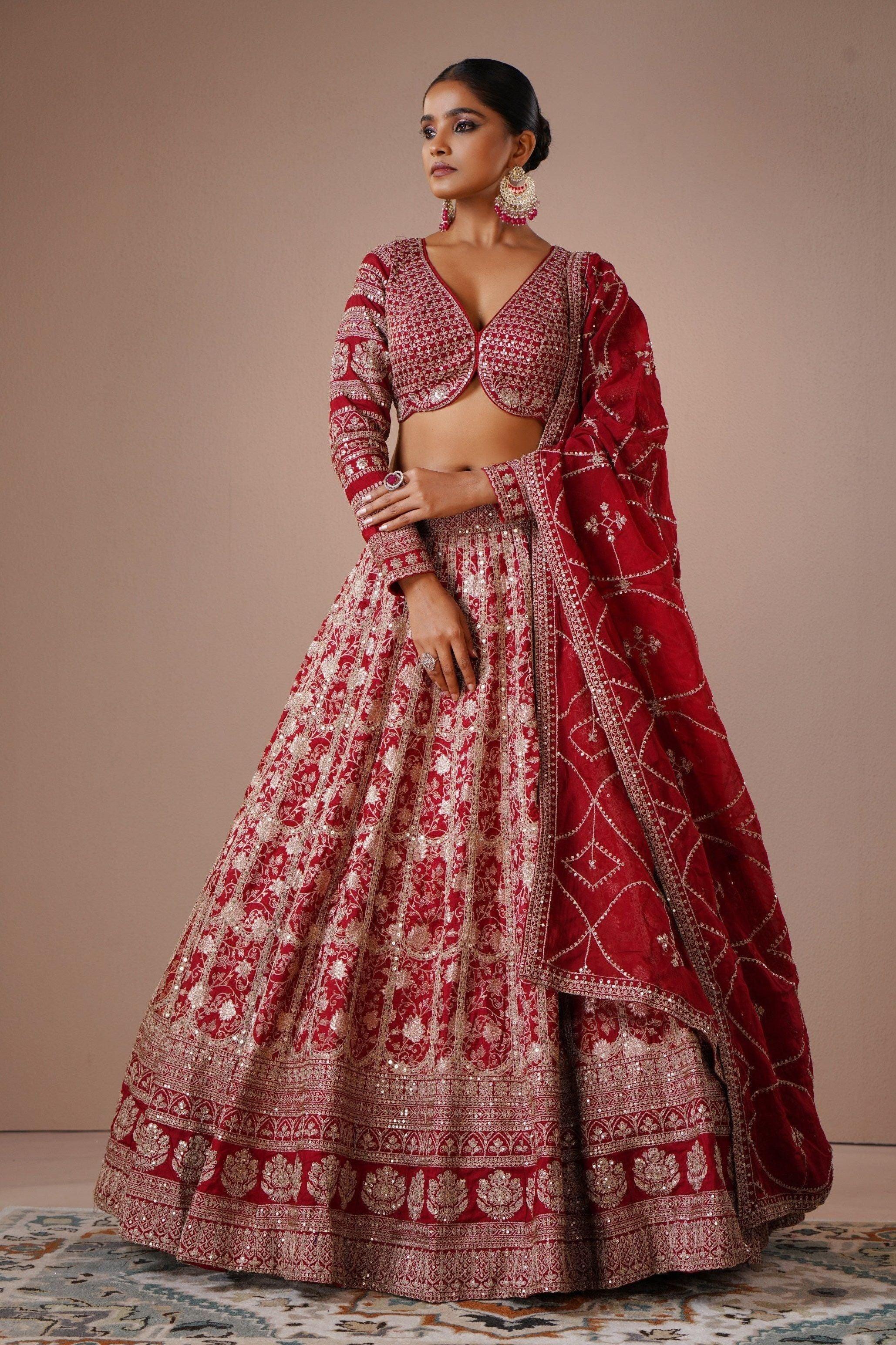 Red Silk Lehenga with Zari and Sequin Embroidery  Mokshaa