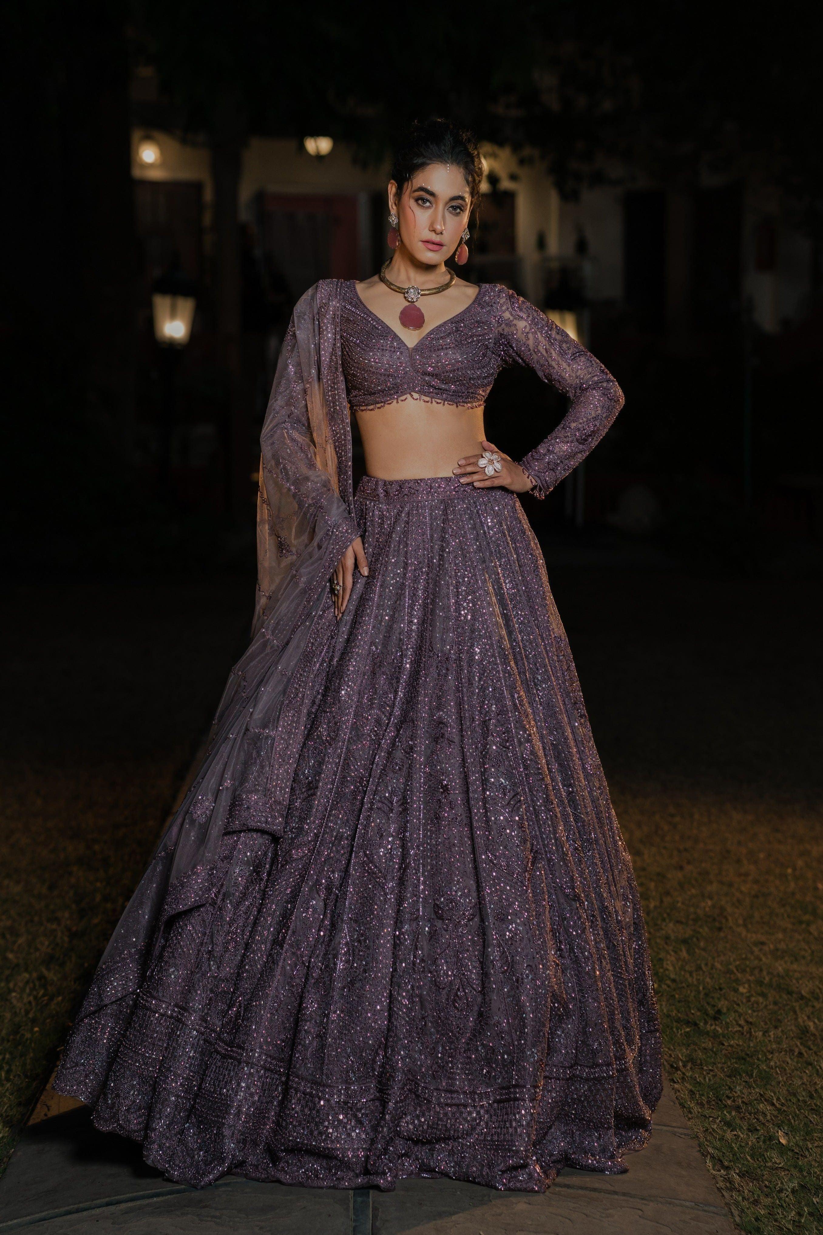 Plum Net Lehenga with Sequin Embellishment  Mokshaa