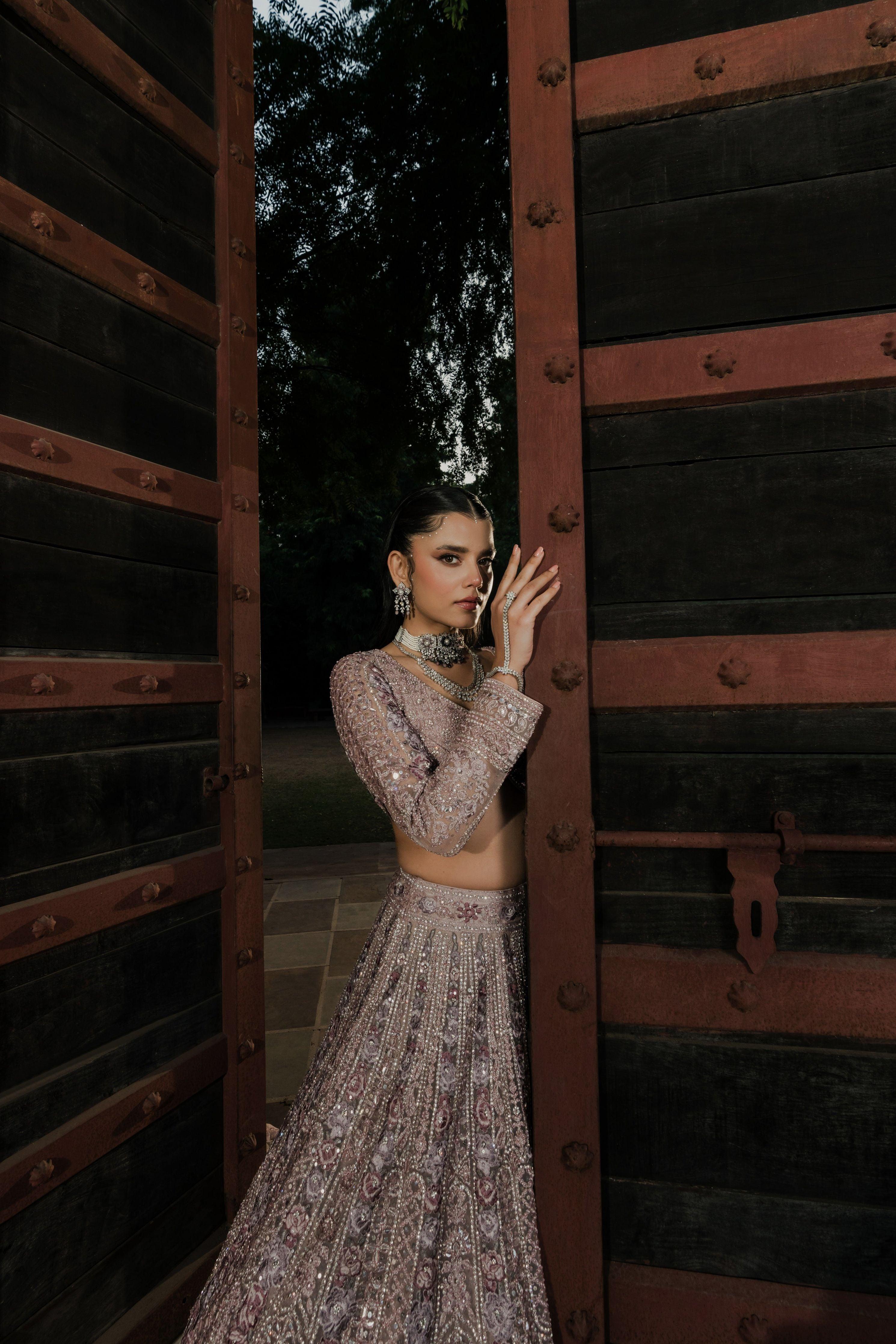 Dusty Lilac Net Lehenga with Intricate Sequin and Thread Embroidery  Mokshaa