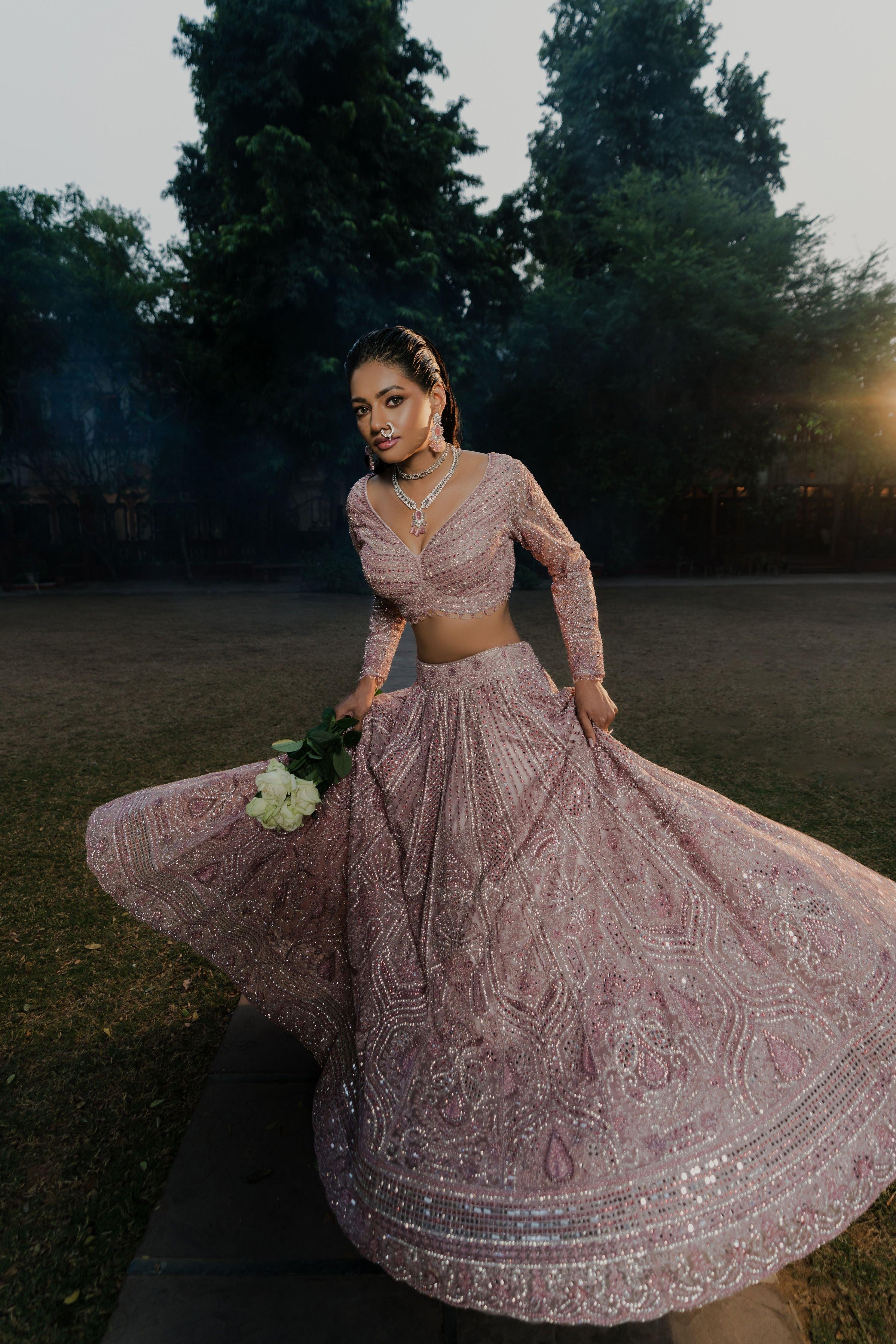 Dusty Rose Net Lehenga with Sequin Embroidery  Mokshaa