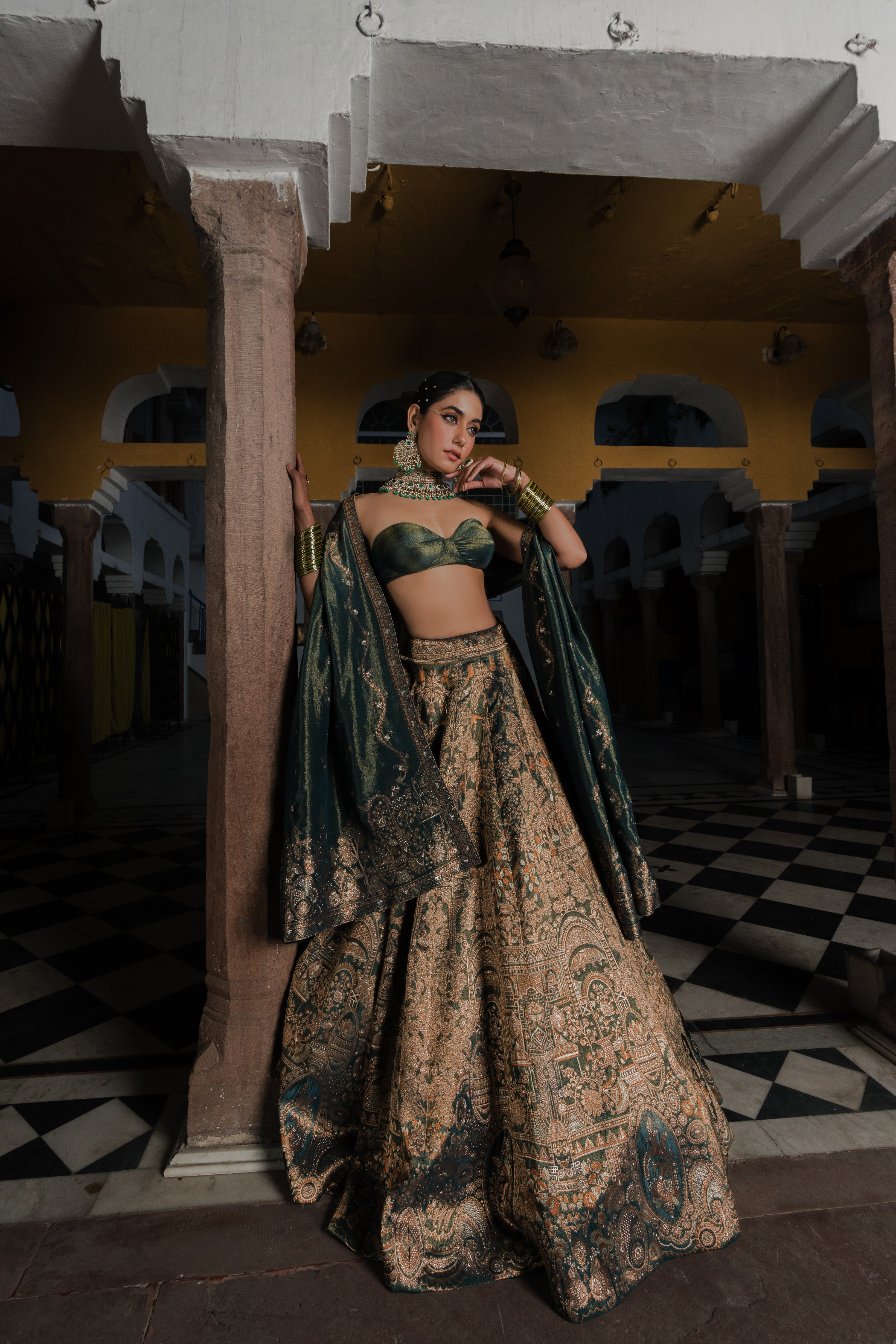 Bottle Green Banarasi Silk Lehenga Set  Mokshaa