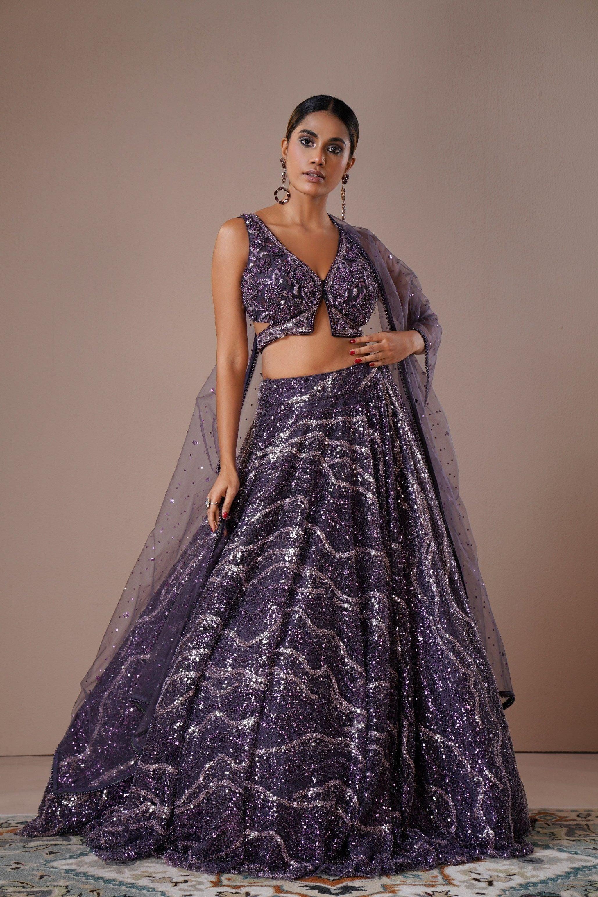 Plum Purple Sequin Lehenga with Hand Embellished Blouse  Mokshaa