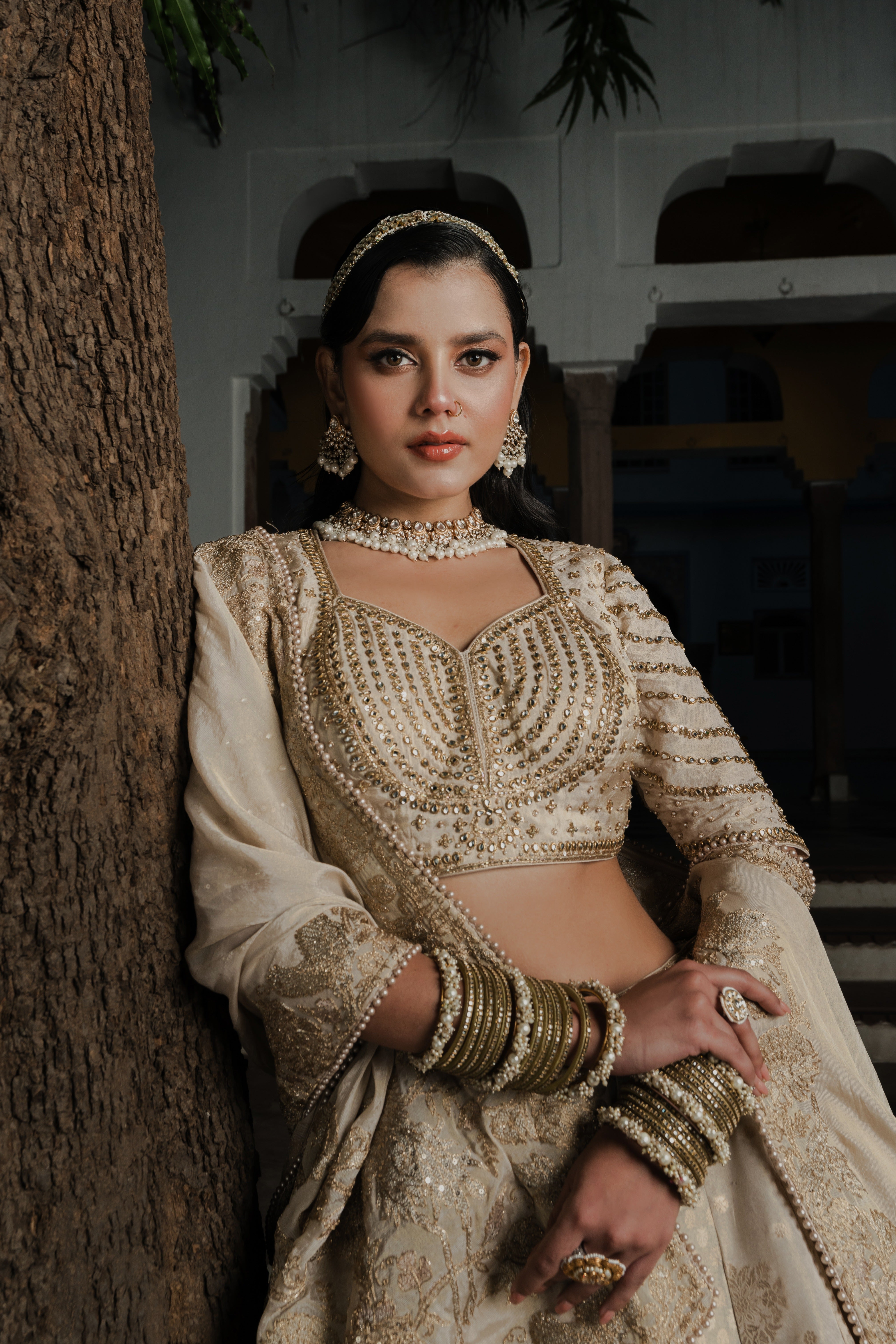 Ivory Silk Lehenga with Zardosi & Sequin Embroidery  Mokshaa
