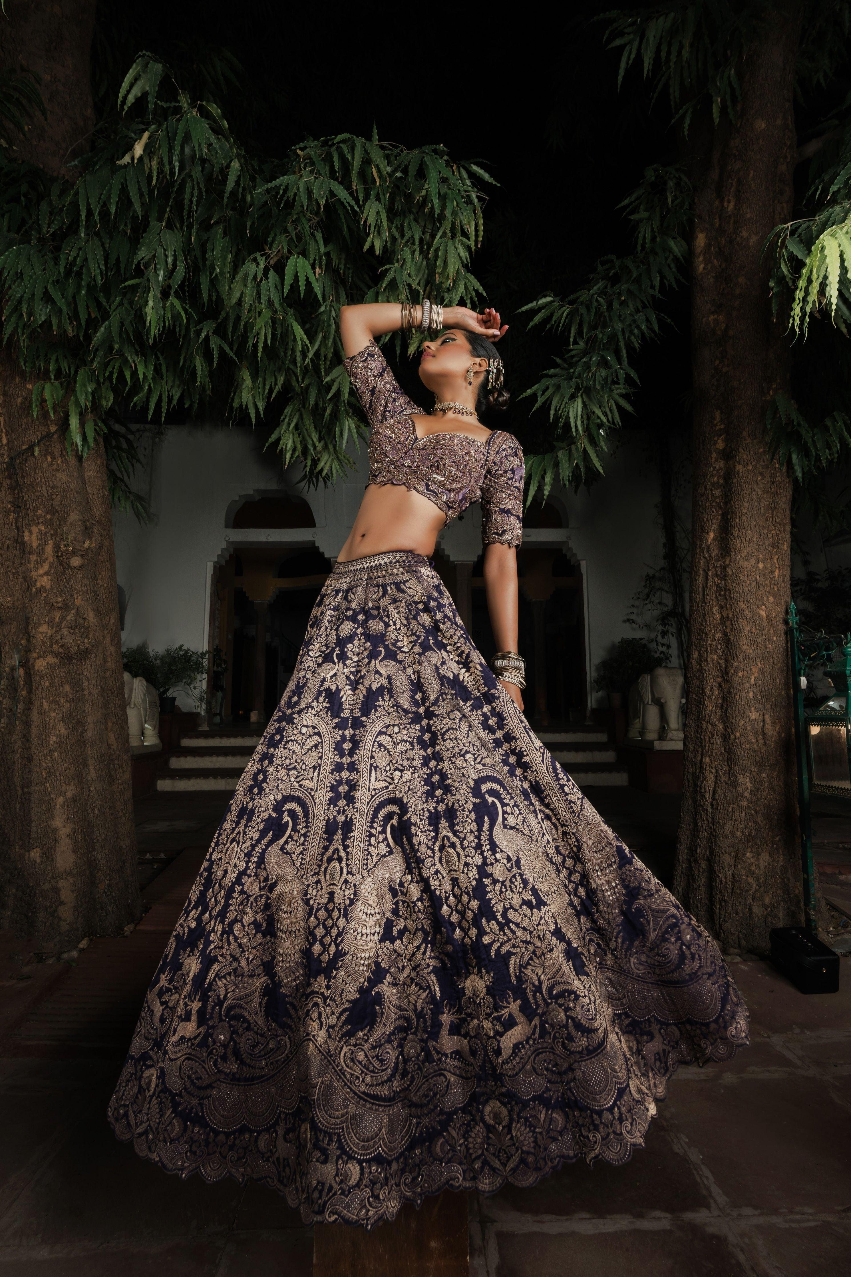 Navy Blue Silk Lehenga with Antique Zardosi and Resham Work  Mokshaa