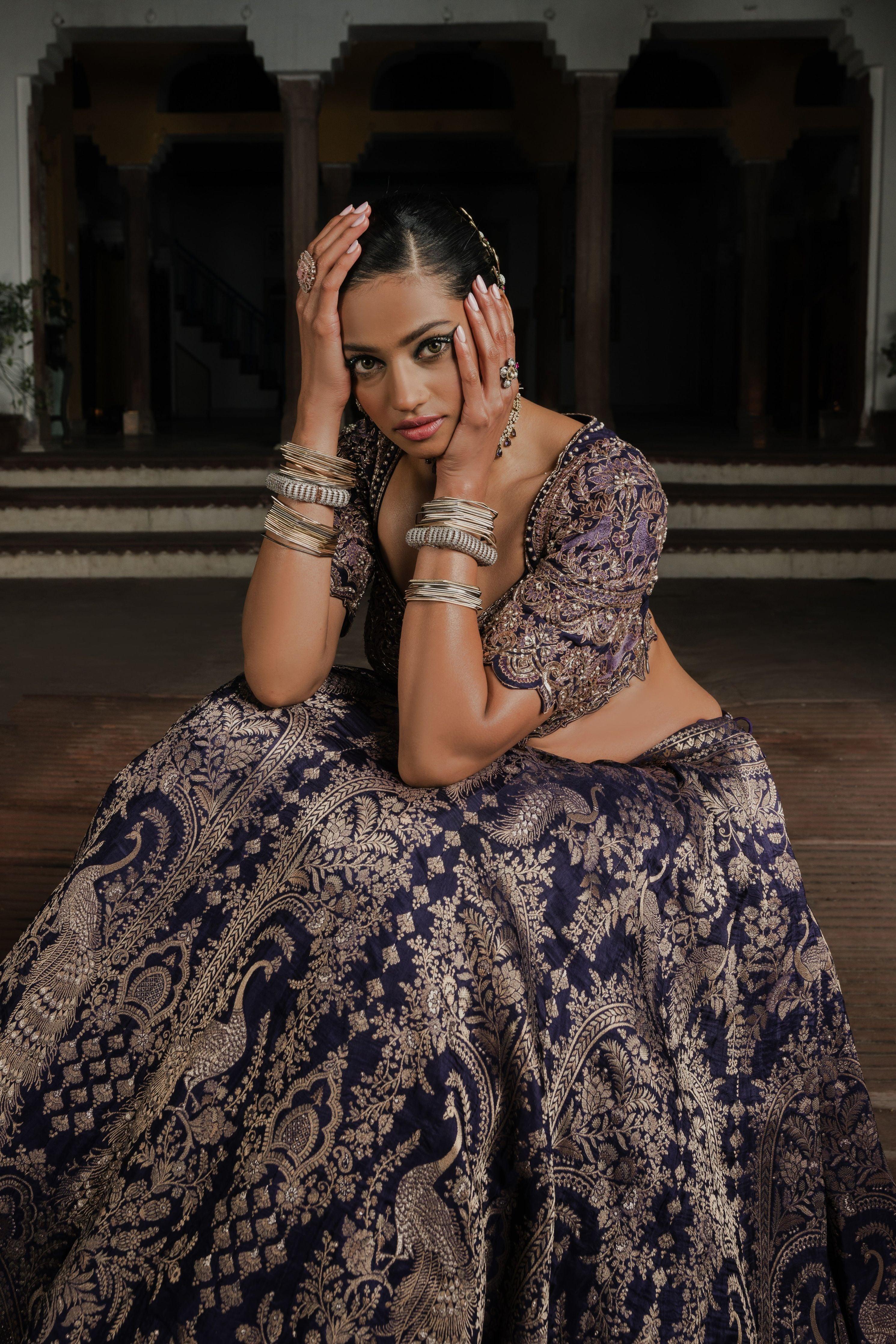 Navy Blue Silk Lehenga with Antique Zardosi and Resham Work  Mokshaa