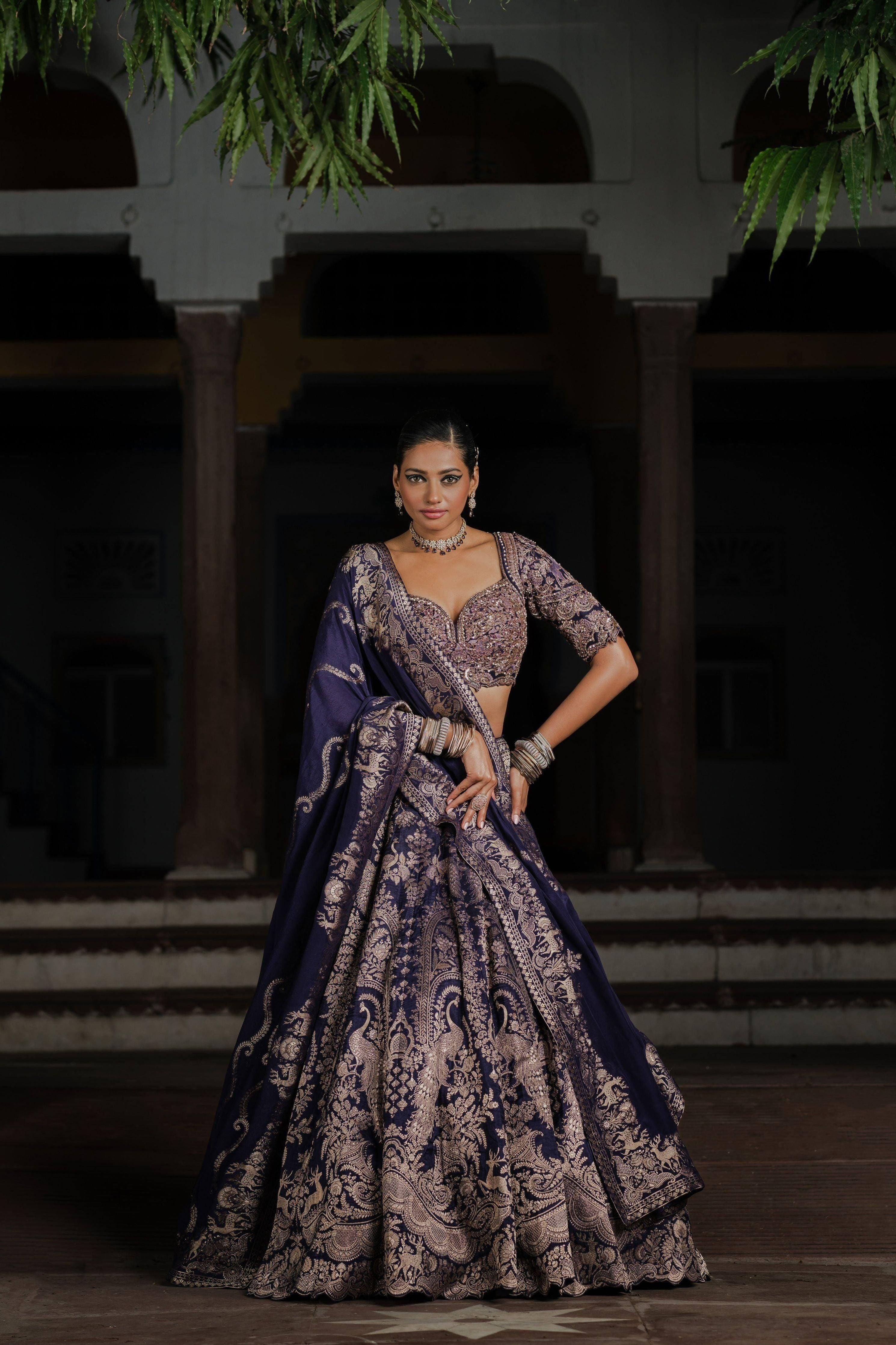 Navy Blue Silk Lehenga with Antique Zardosi and Resham Work  Mokshaa