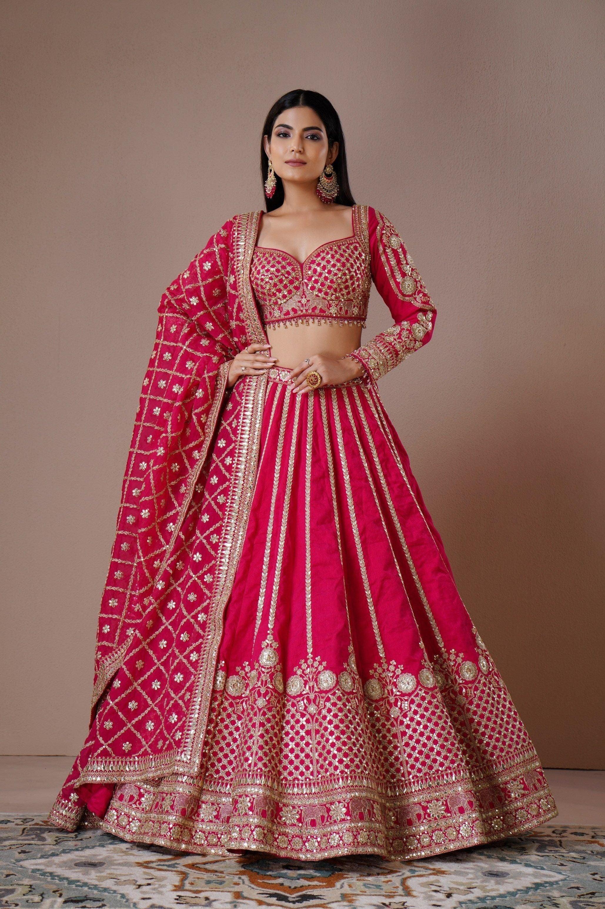 Fuchsia Pink Raw Silk Lehenga with Mirror and Zardosi Embroidery  Mokshaa