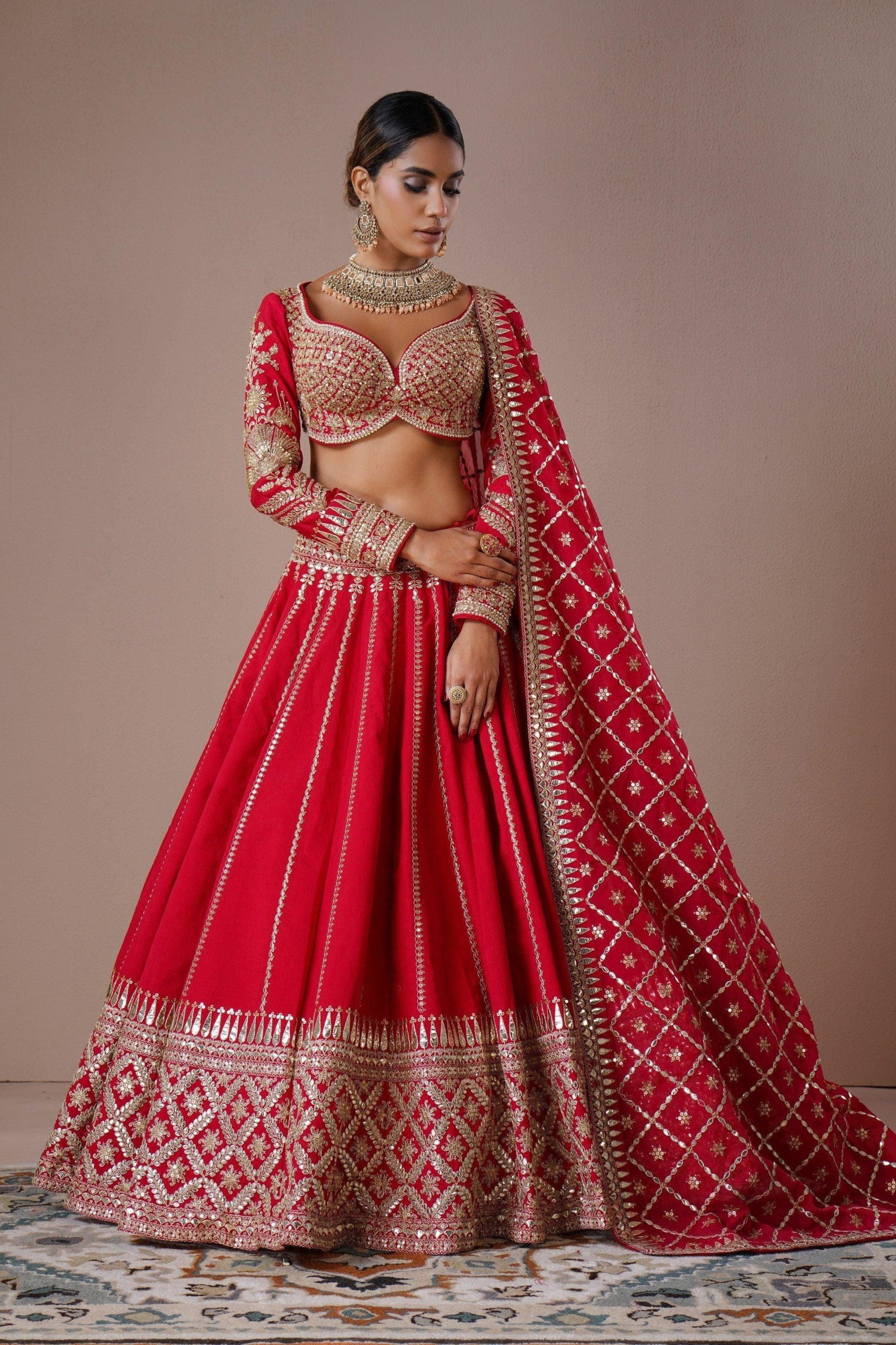 Crimson Red Zardozi Embroidered Silk Lehenga Set  Mokshaa