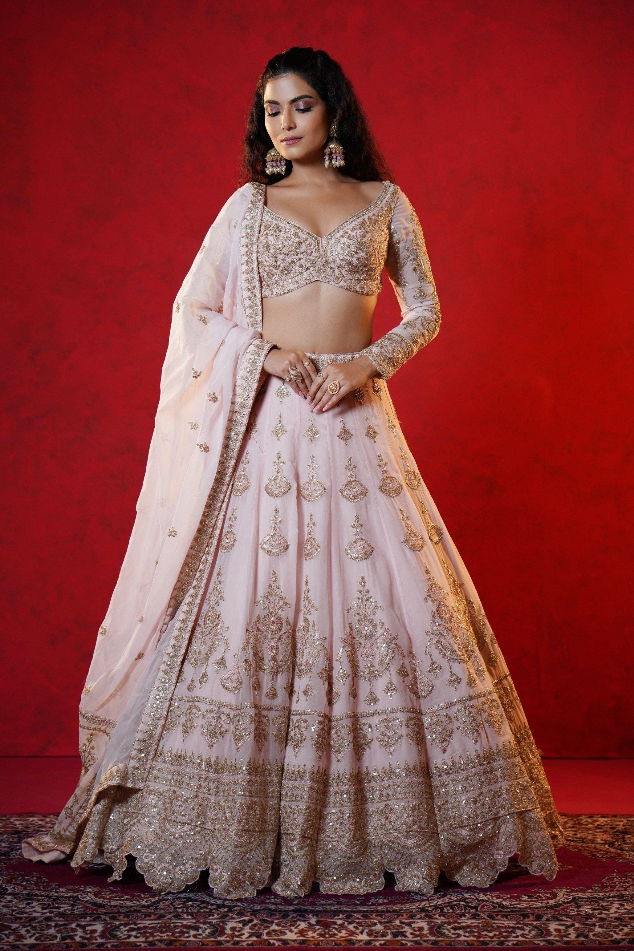 Baby Pink Crepe Lehenga with Intricate Zardosi Embroidery  Mokshaa