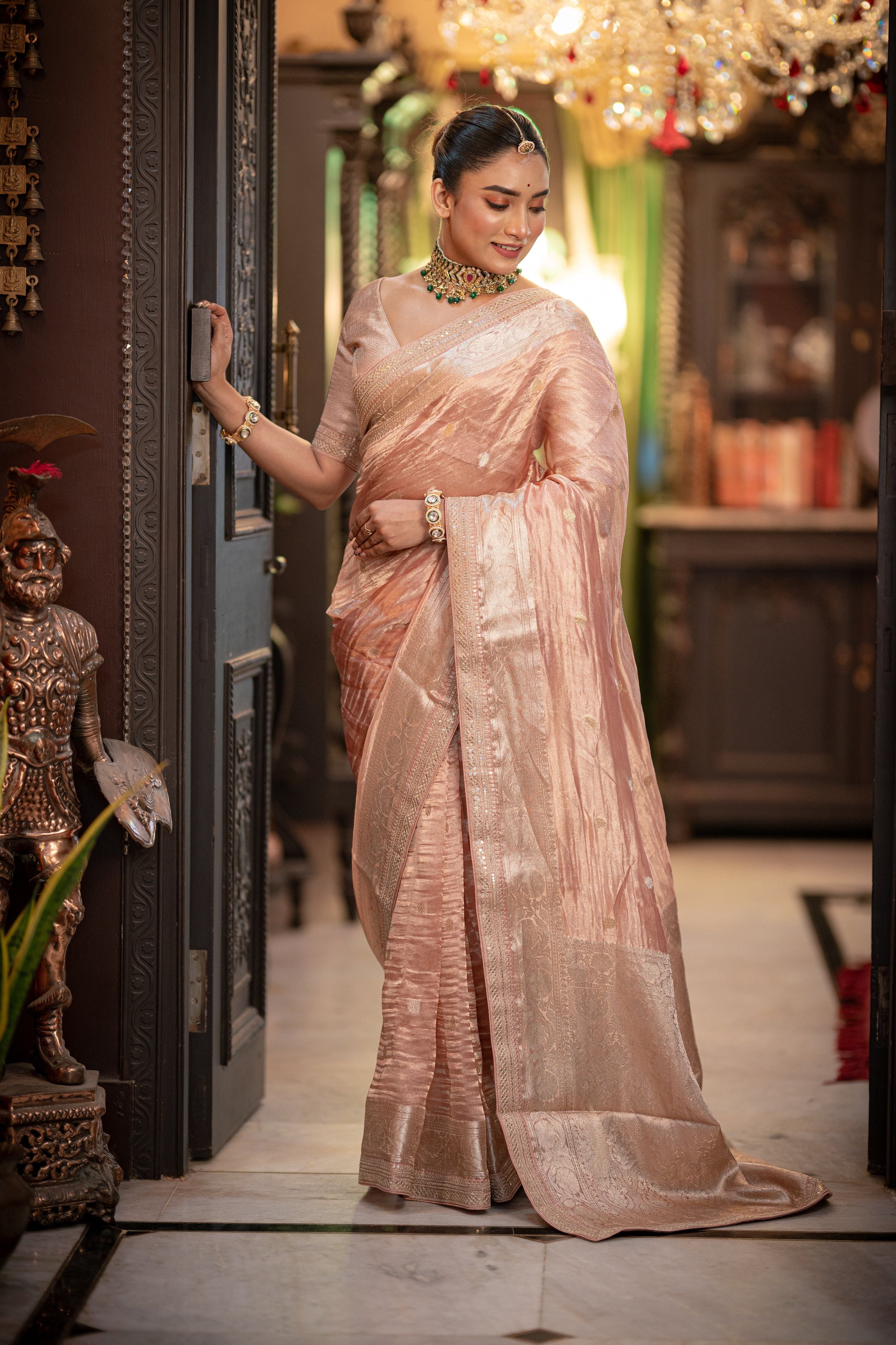 Classic Rose gold Crush Organza Saree with Zardosi Border - Mokshaa