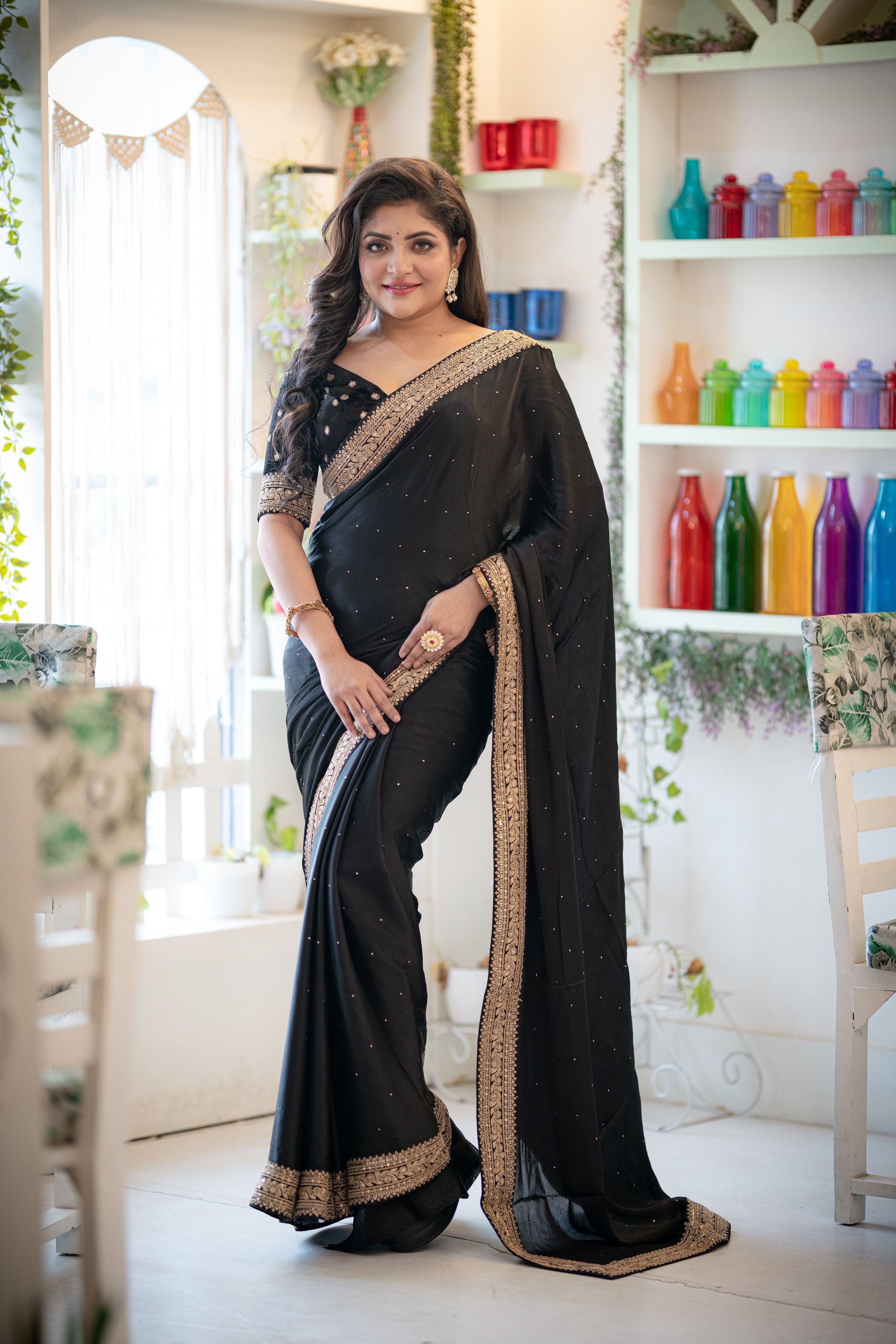 Black Satin Saree with Zardosi and Sequins Motif Blouse - Mokshaa