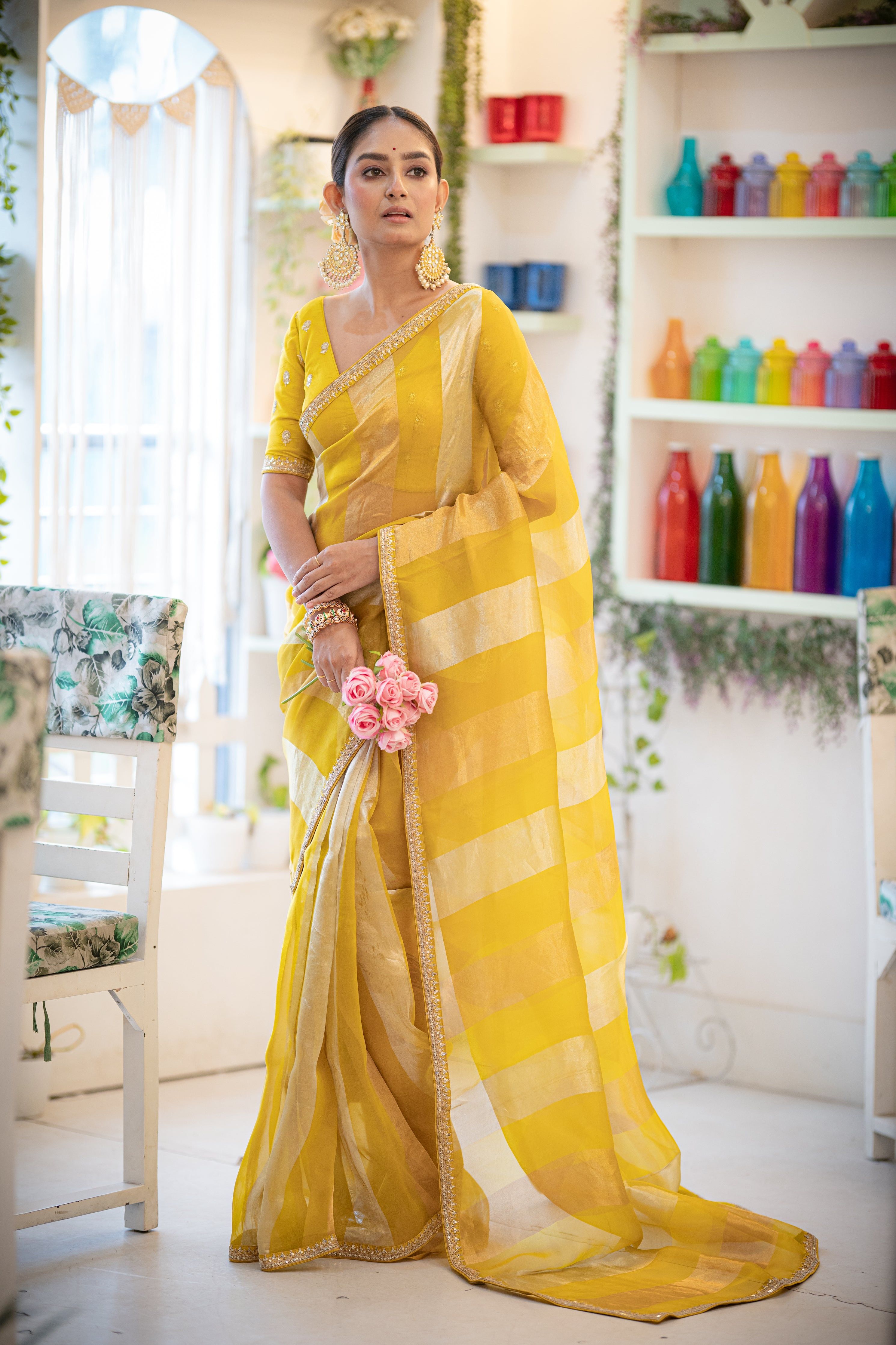 Golden Yellow Organza Saree - Mokshaa