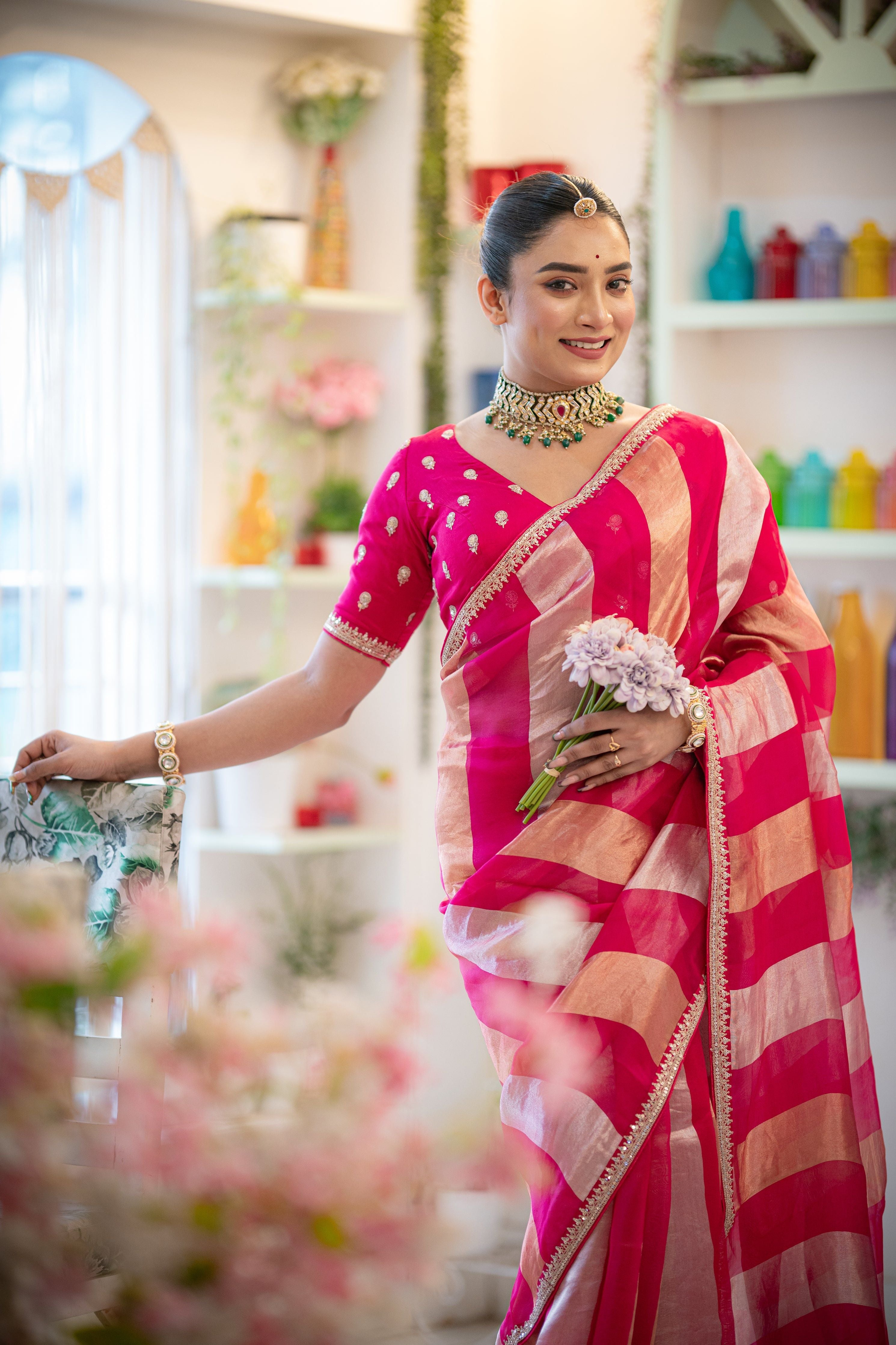 Striking Pink Striped Organza Saree with Zari Detailing - Mokshaa