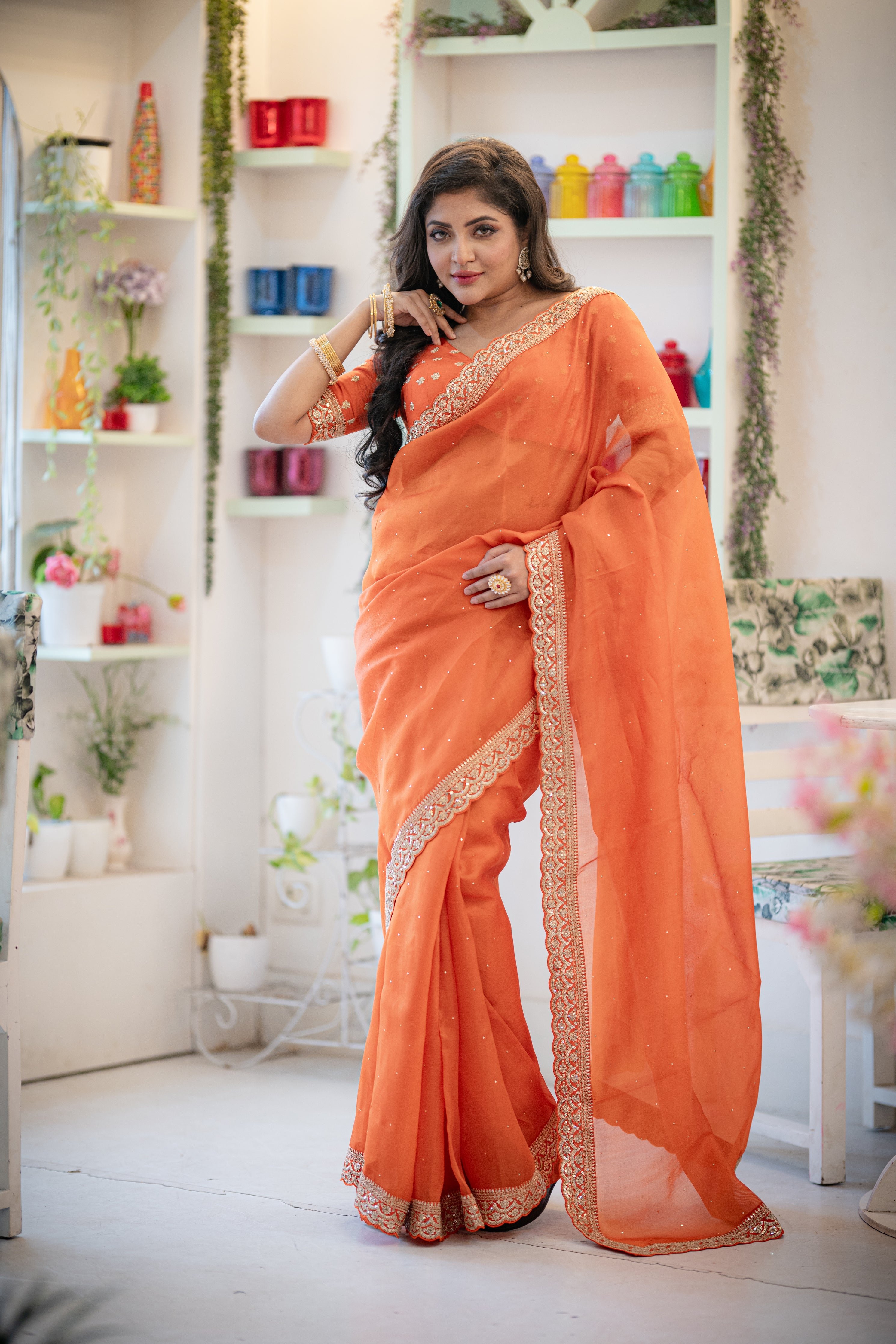 Elegant Orange Organza Saree with Sequins and Zardosi Border - Mokshaa